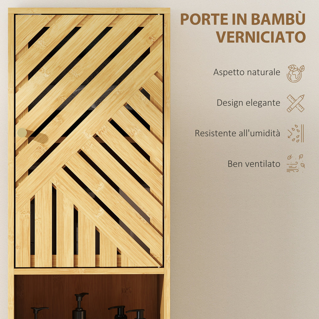 Bathroom Cabinet with 2 Cabinets and 2 Shelves with Adjustable Shelf, in Bamboo and Chipboard, 32x30x170 cm