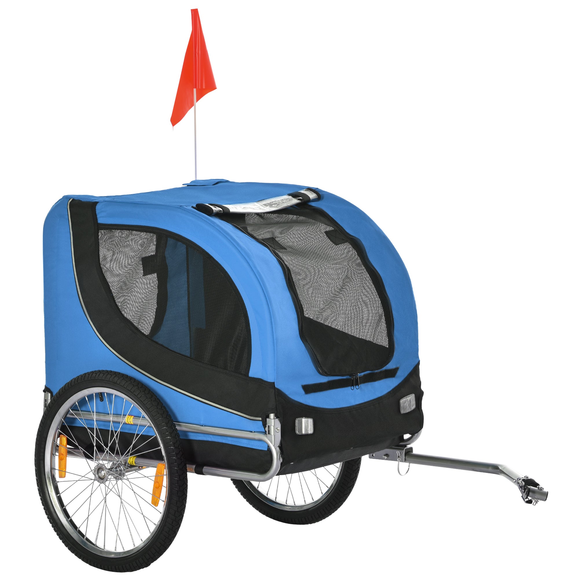 Medium Dog Bike Trailer with Attachment Point, Side Windows and Flag, Steel and Oxford Fabric Bike Trailer, 130x73x90 cm, Blue and Black