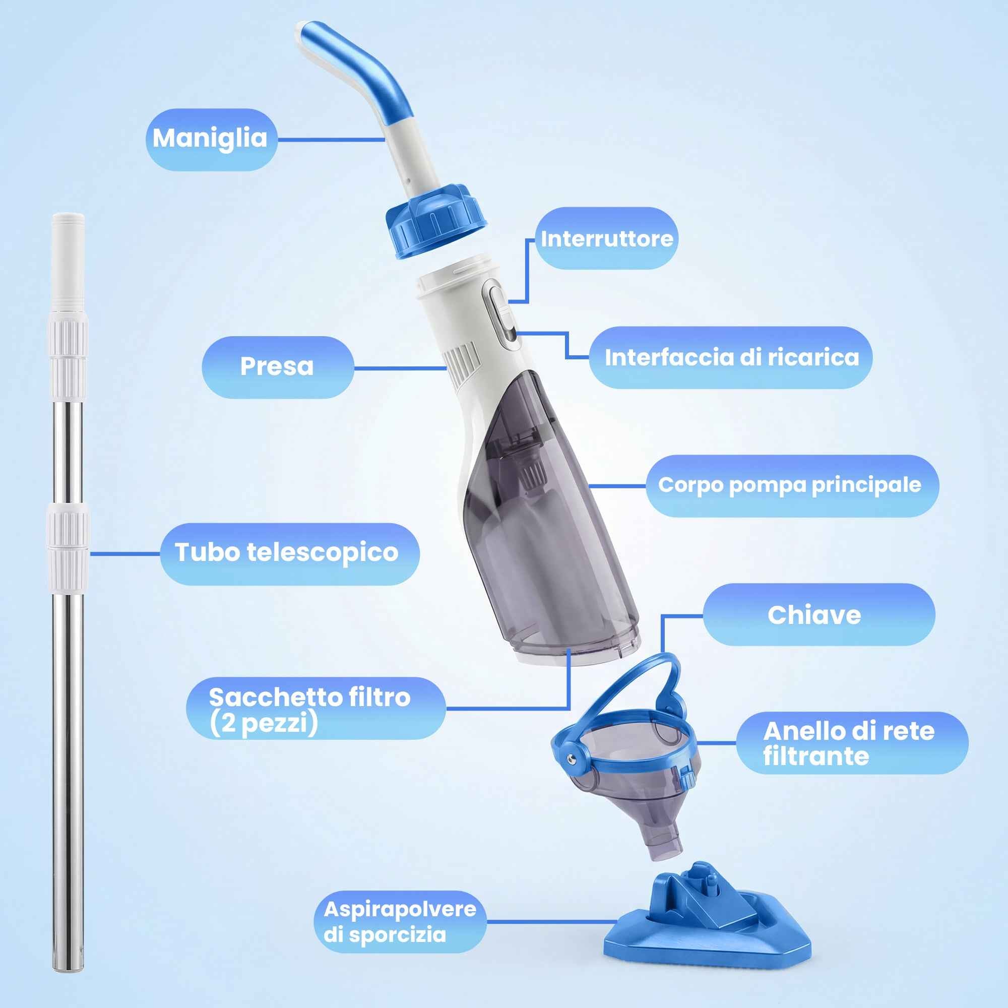 Outsunny Cordless Pool Vacuum Cleaner with Brush and Filters, Made of ABS and Aluminum, 90x24x13.5 cm, Blue