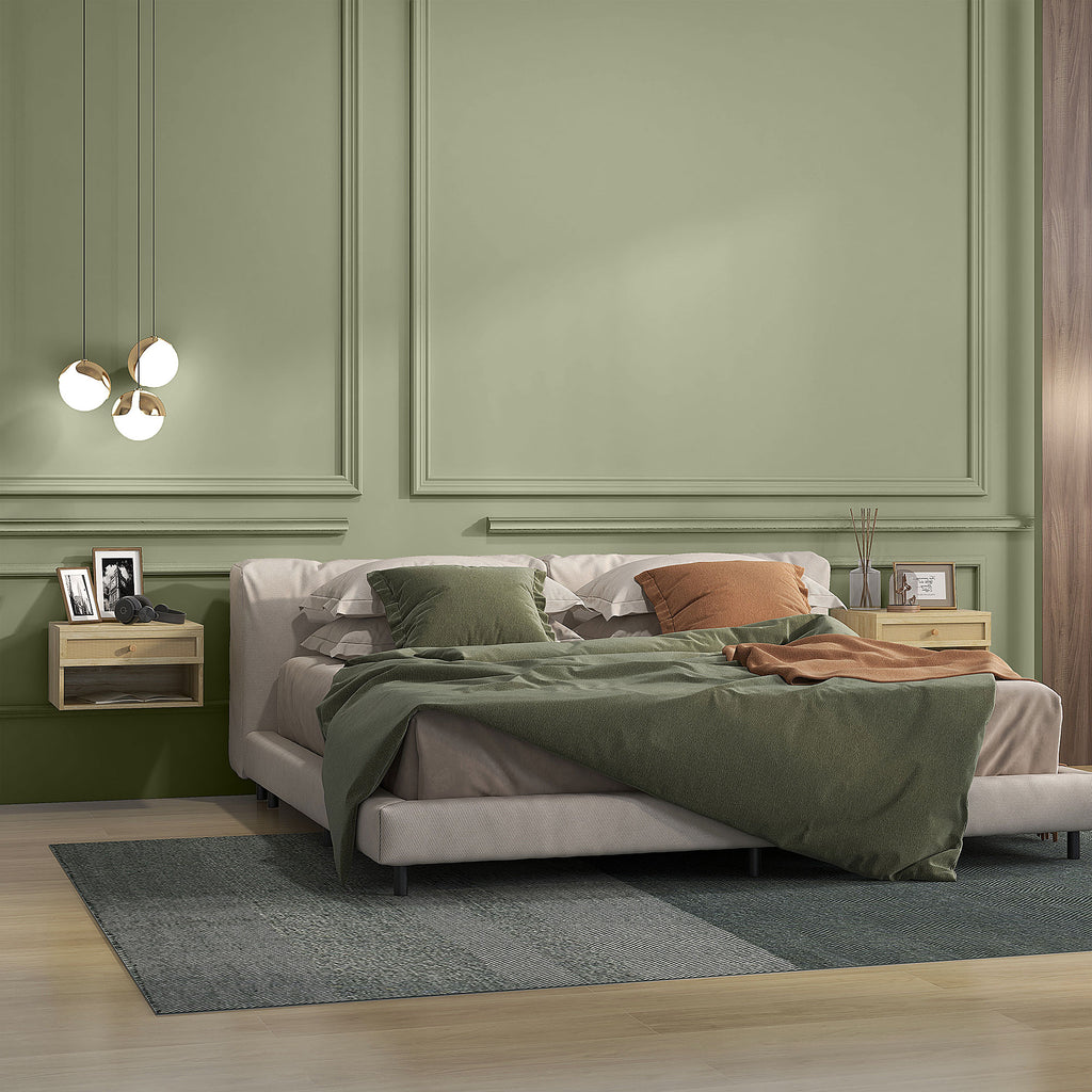 HOMCOM Set of 2 Bedside Tables with Drawer and Open Shelves in Nordic Style, in Chipboard and Rattan, 40x34x23 cm - Borgè