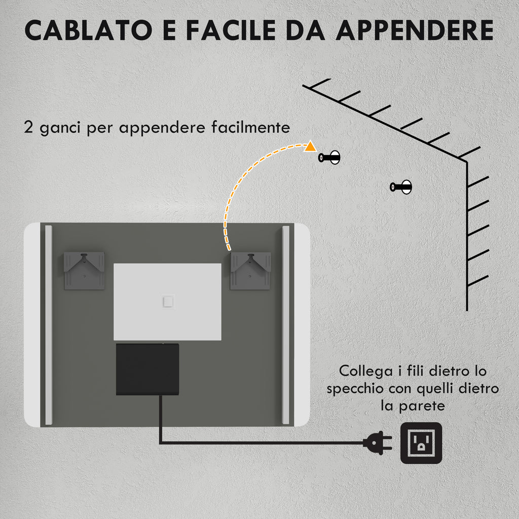 Bathroom Mirror with 3 Temperature LED Light, Touch Switch and Anti-fog, 70x50cm