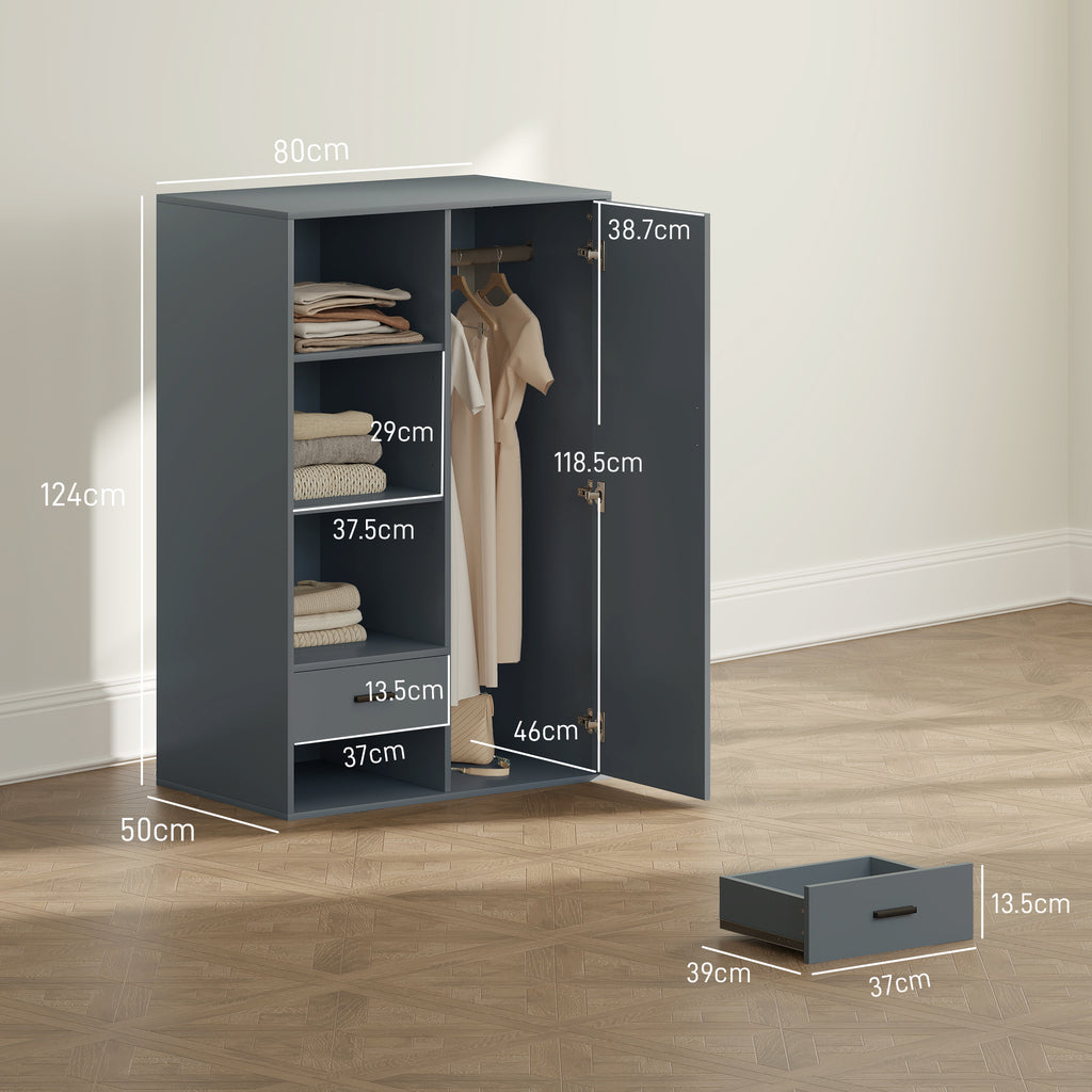 Modern Wardrobe with 2 Drawers, Open Shelves and Hanging Space, 80x50x124 cm, Dark Grey