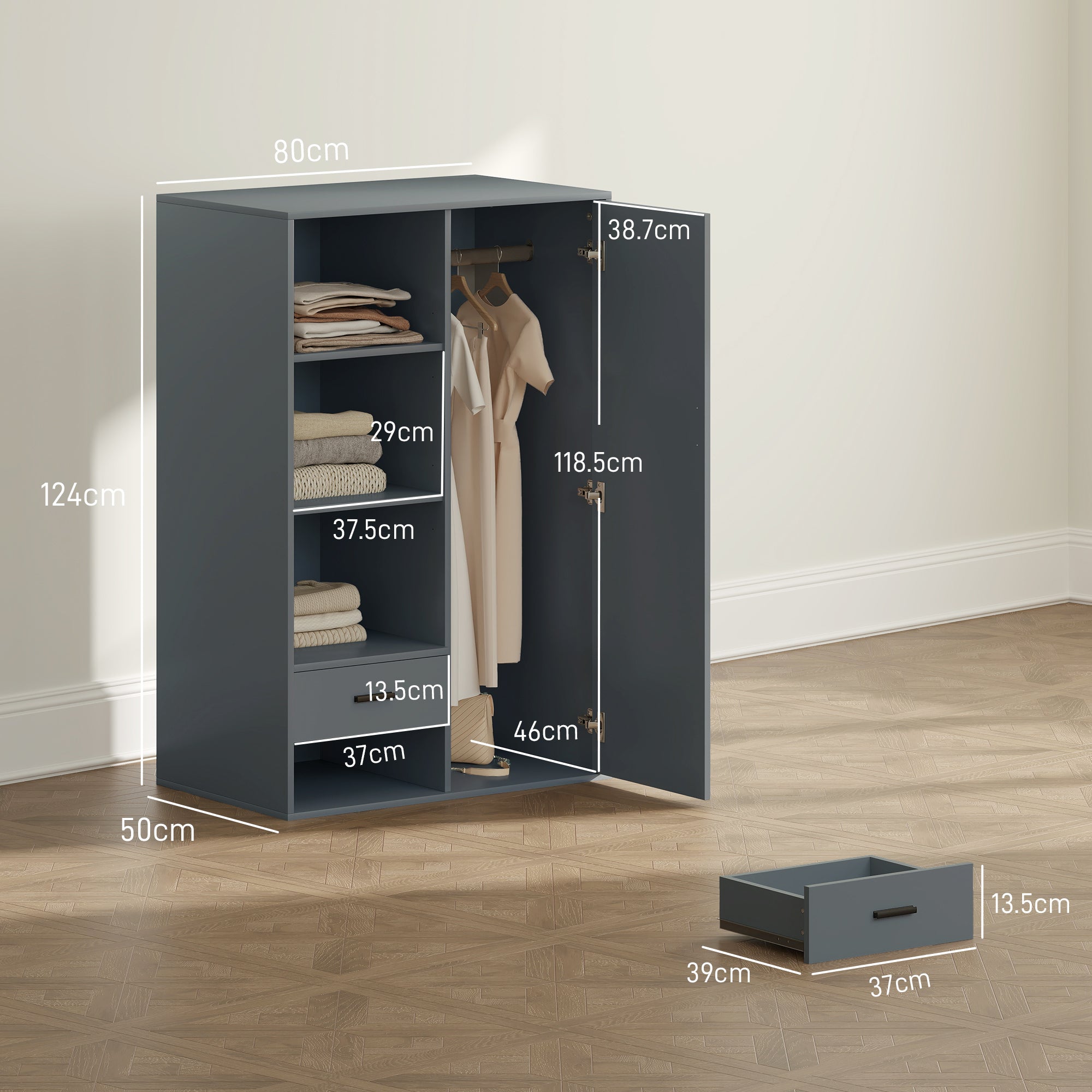 Modern Wardrobe with 2 Drawers, Open Shelves and Hanging Space, 80x50x124 cm, Dark Grey