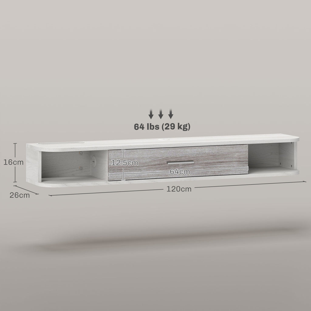 Wooden Wall Mounted TV Cabinet with 2 Open Shelves and Cabinet, 120x26x16 cm, White and Grey