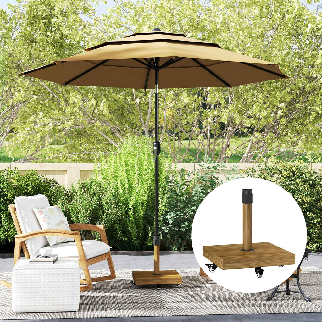 Outsunny Wheeled Umbrella Base with Brakes for Ø36/38/48 mm Poles, in Metal with Cement, Wood Effect