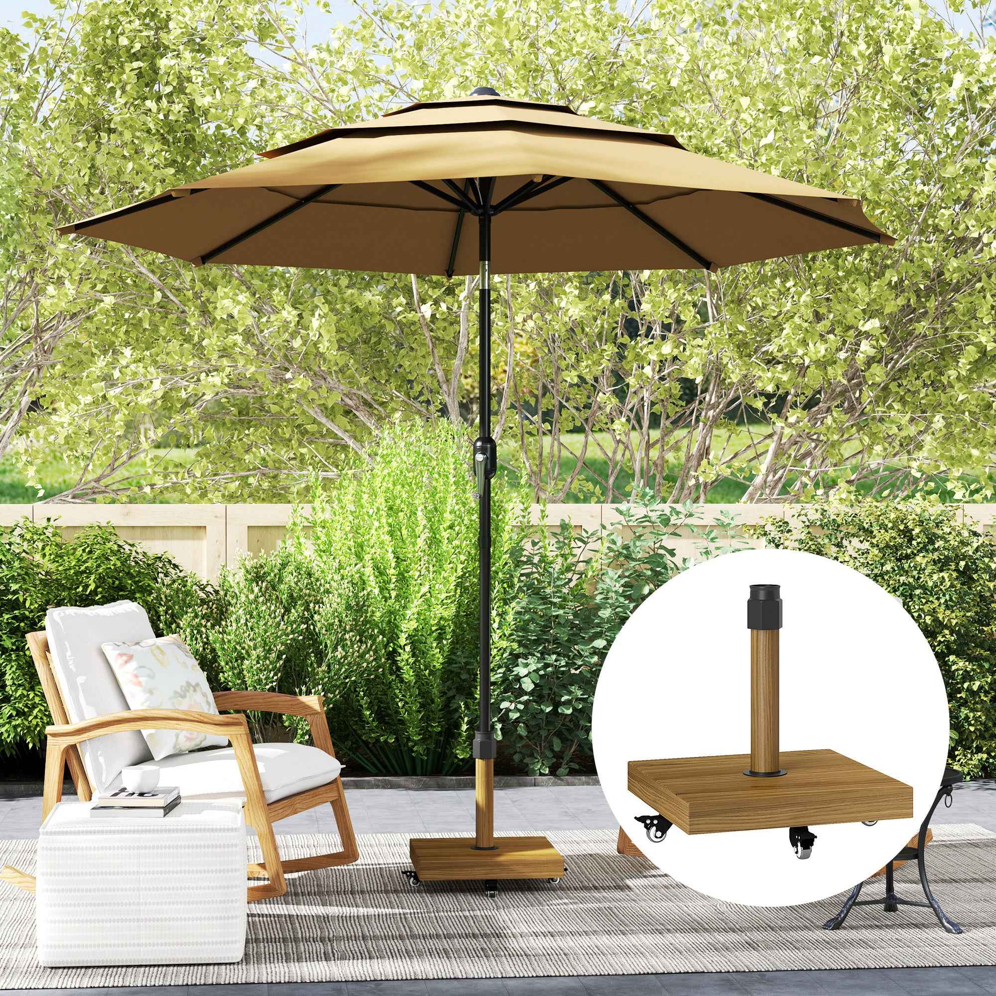 Outsunny Wheeled Umbrella Base with Brakes for Ø36/38/48 mm Poles, in Metal with Cement, Wood Effect