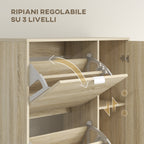 Shoe Rack with Mirror for 16 Pairs of Shoes, 4 Drop-Down Drawers and 2 Cabinets, 82x30x168cm, Oak