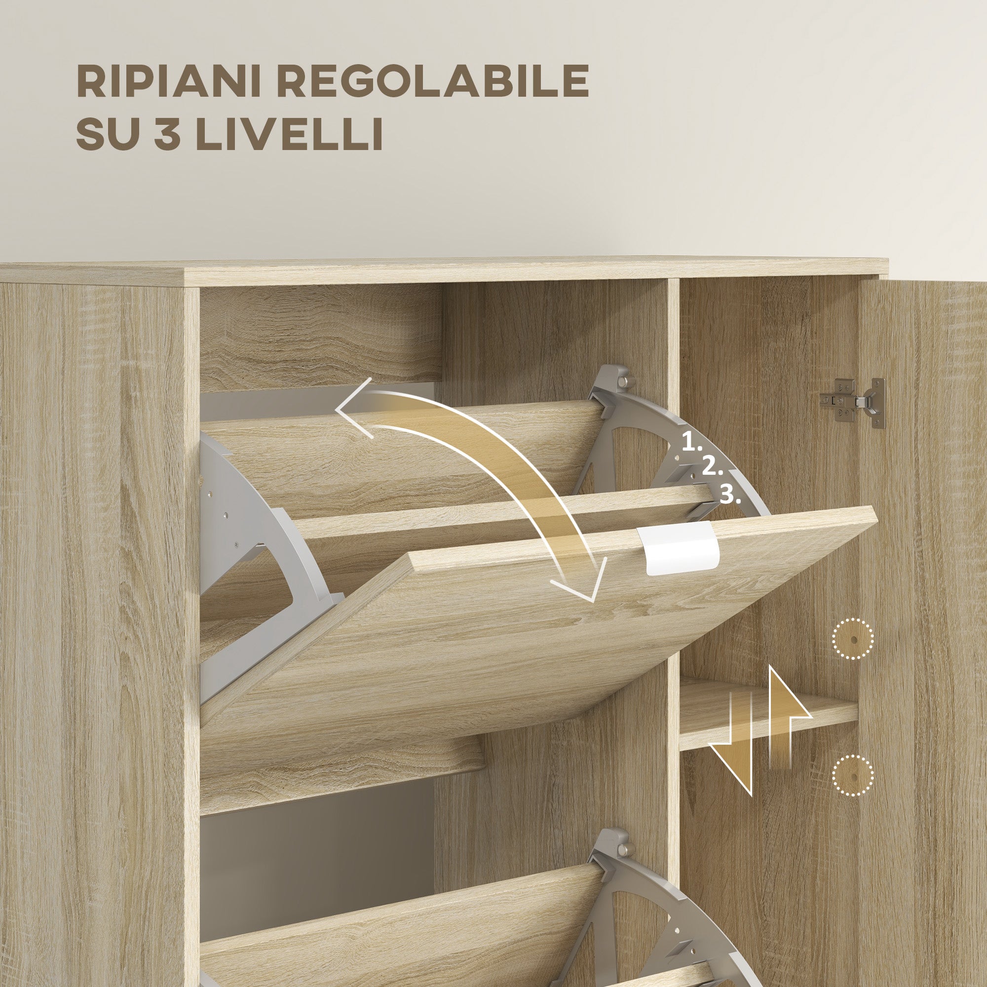 Shoe Rack with Mirror for 16 Pairs of Shoes, 4 Drop-Down Drawers and 2 Cabinets, 82x30x168cm, Oak