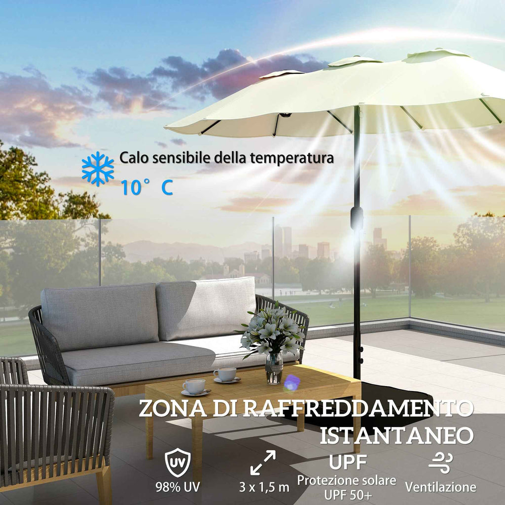 Outsunny 12-Ribbed Double Umbrella with Crank Handle, Cross Base and Bags, Metal and Polyester, 3x1.5 m, Beige