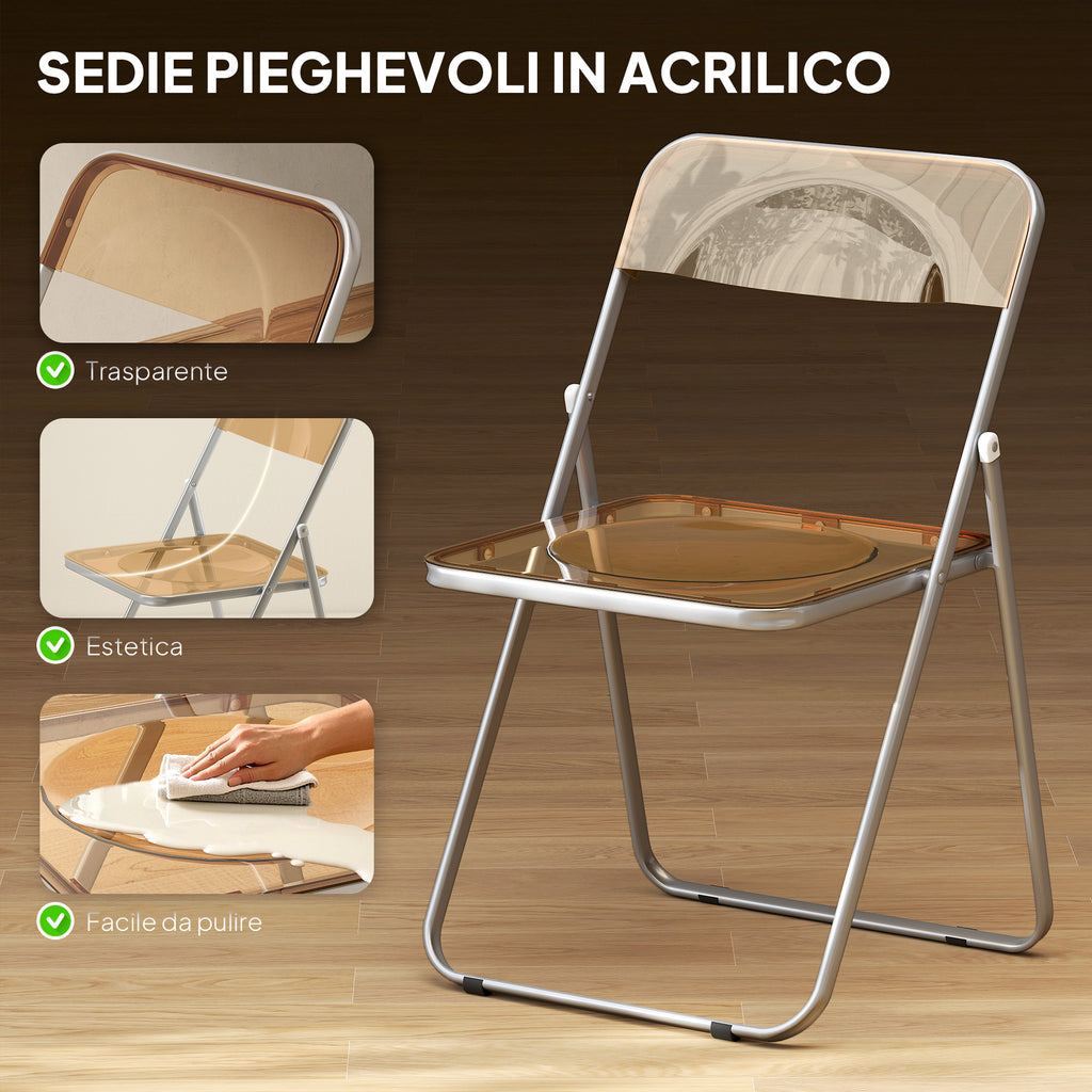 Set of 4 Space-Saving Folding Chairs for Living Room and Events, Steel and Acrylic, Orange