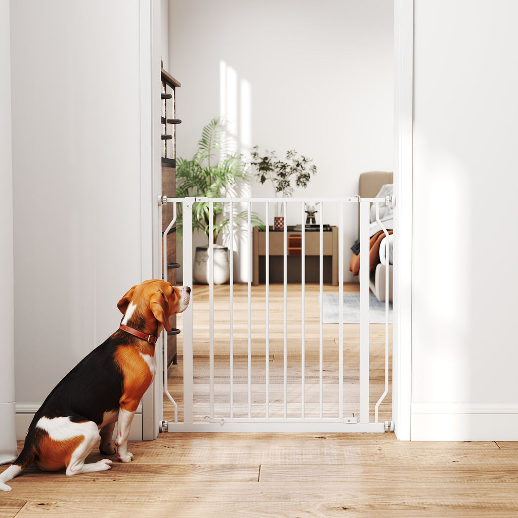 Extendable and Adjustable Dog Gate for Stairs and Doors, Made of Steel and ABS, 75-85x76 cm, White