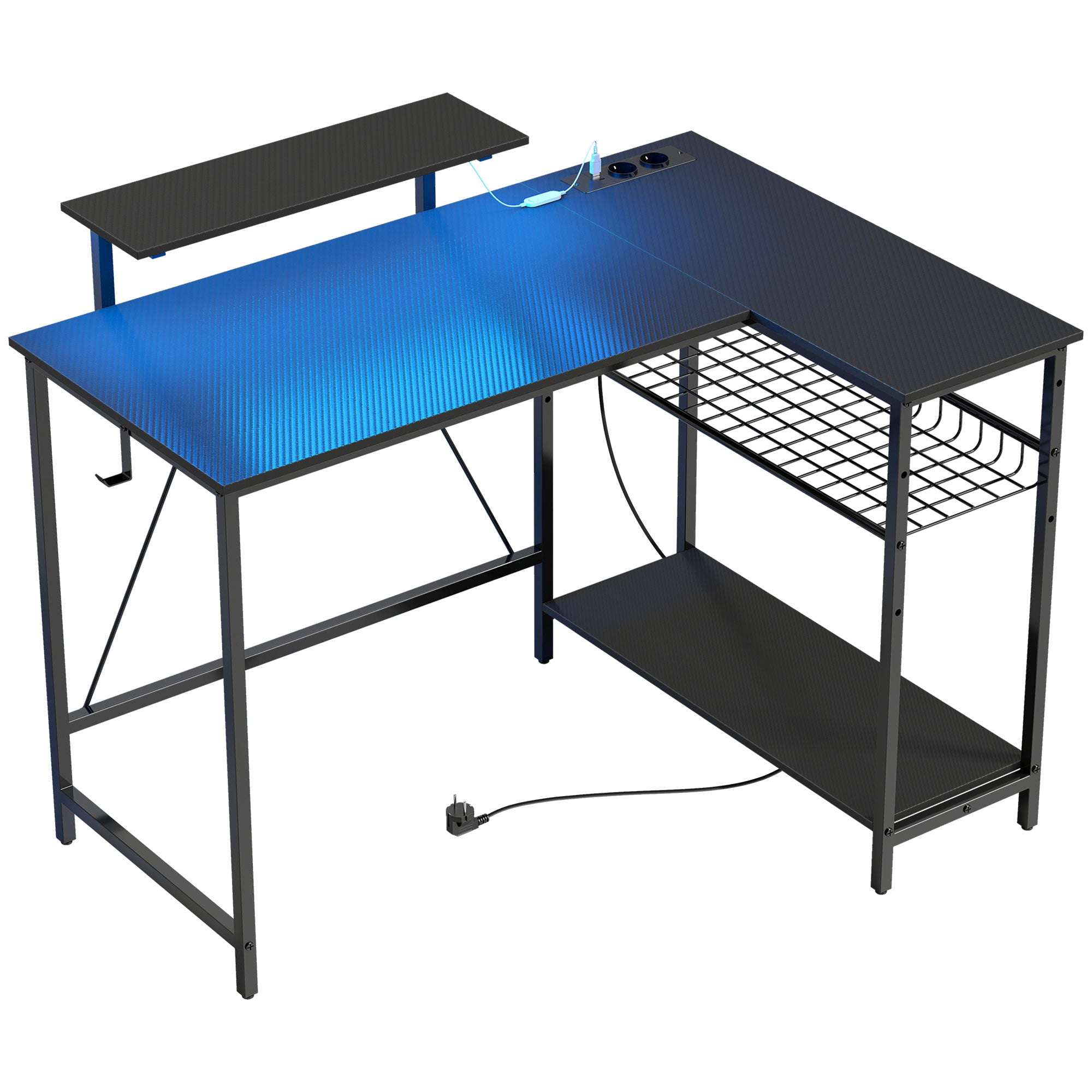 Corner Gaming Desk with LED Lights, Power Outlets, Monitor Stand and Shelf, Black