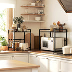 2-Tier Expandable Microwave Stand with 3 Hooks, Metal, 39.5-64x32x47.5 cm, Black