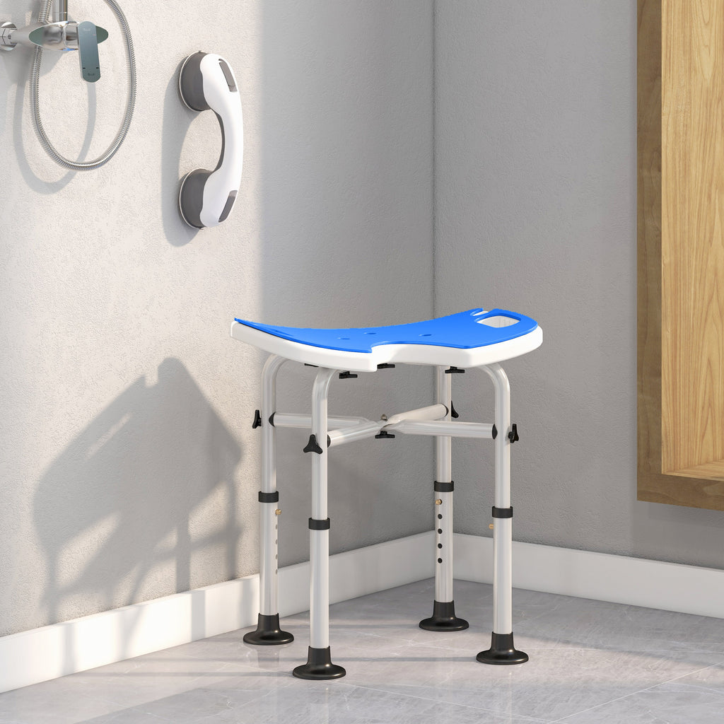 Height-Adjustable Shower Stool with Handle, U-Shaped Padded Seat and Non-Slip Feet, Blue