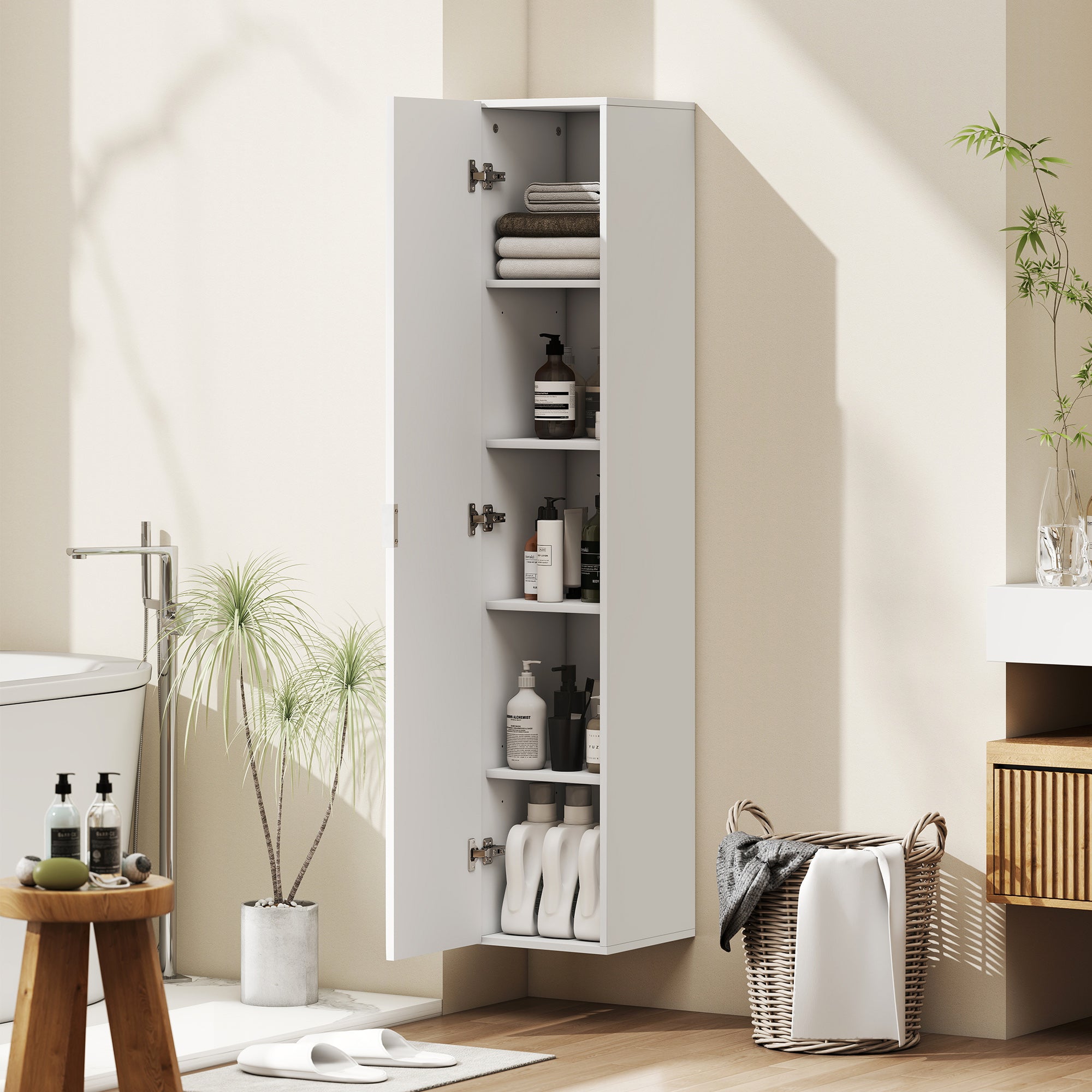 Wall-Mounted Bathroom Cabinet with Adjustable Shelves and Soft-Close Closure, 30x31.5x160 cm, White