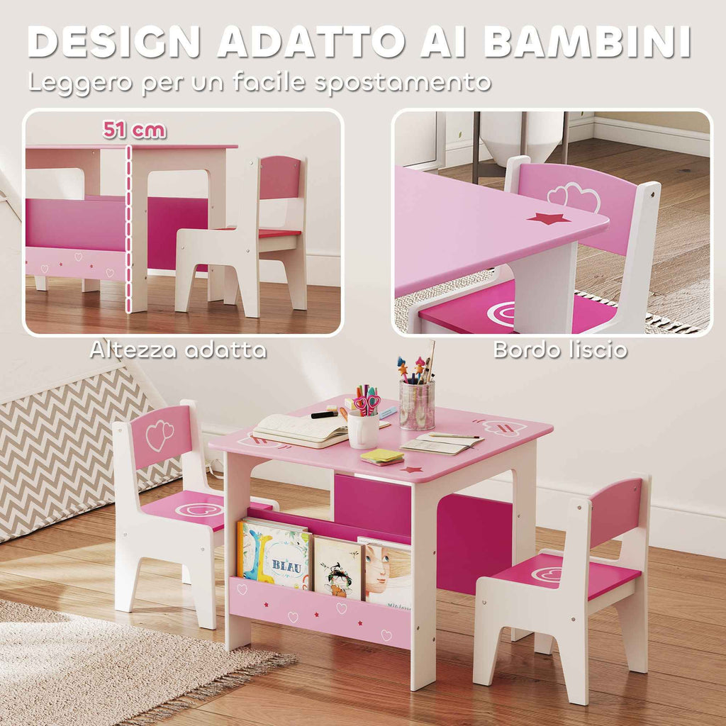 AIYAPLAY Children's Table and Chair Set for 3-8 Years Old, MDF Wooden Coffee Table with Shelf and Heart Design, Pink
