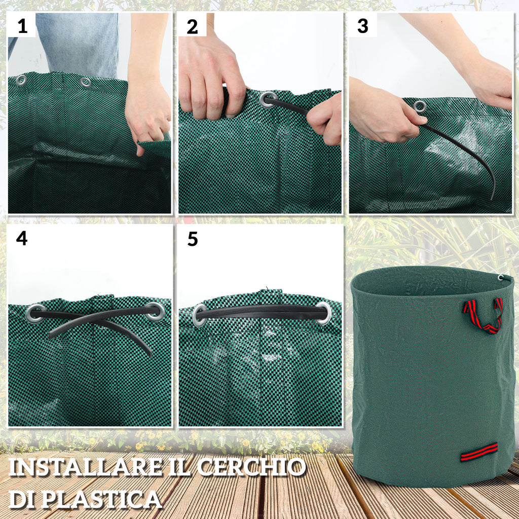 Set of 3 272 L Garden Waste Bags with Handles, Resealable and Reusable, Ø67x76 cm, Green