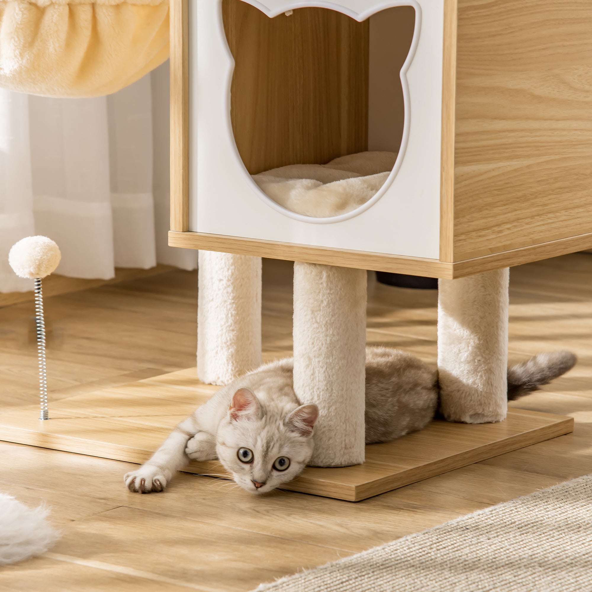 Cat Scratching Post with 2 Posts, House, Hammock, Bed and 2 Balls, Made of Wood, Fleece and Sisal, 48x40x126 cm