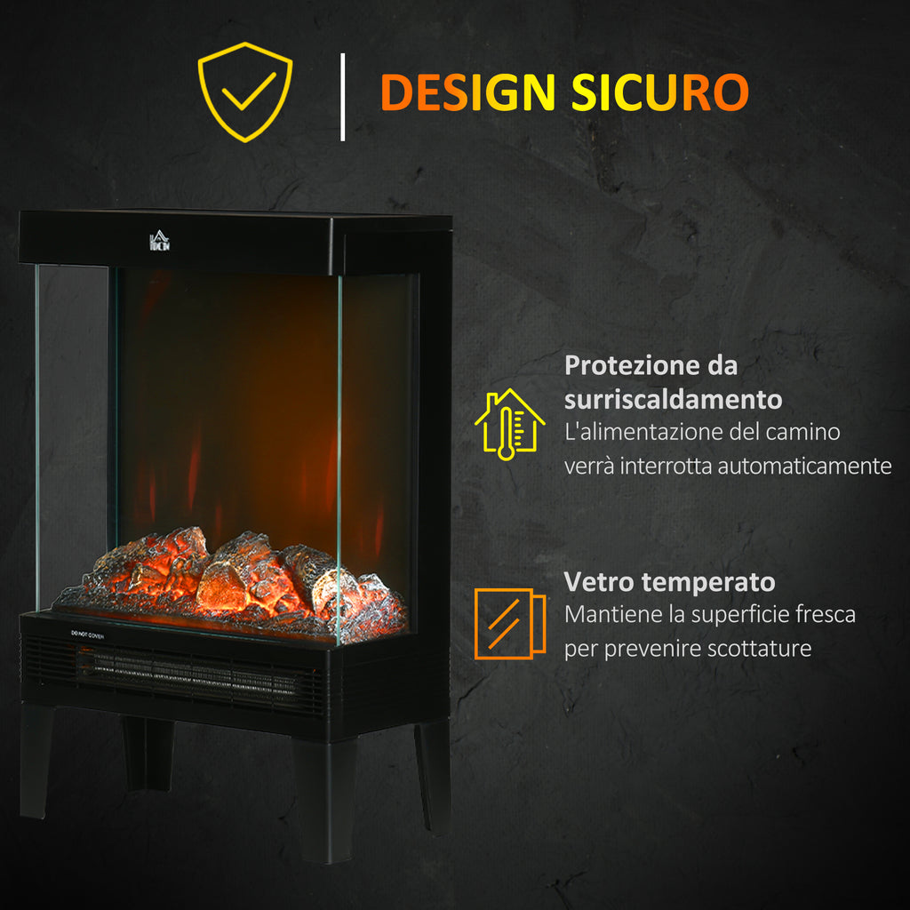 1000W / 2000W Electric Fireplace with Realistic LED Flame and Temperature Control, 40.5x20x62 cm, Black