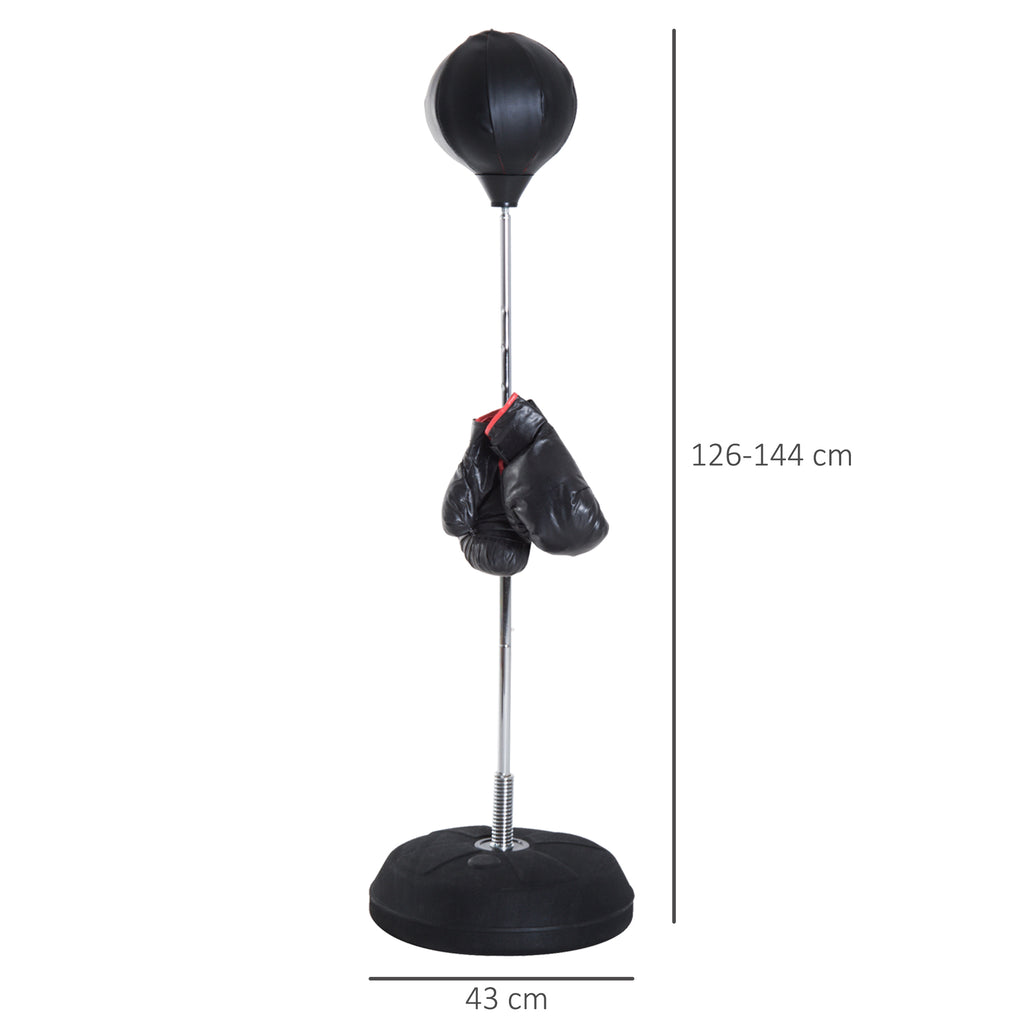 Floor Punching Ball with Gloves, Adjustable Height 126-144 cm and Fillable Base, Black
