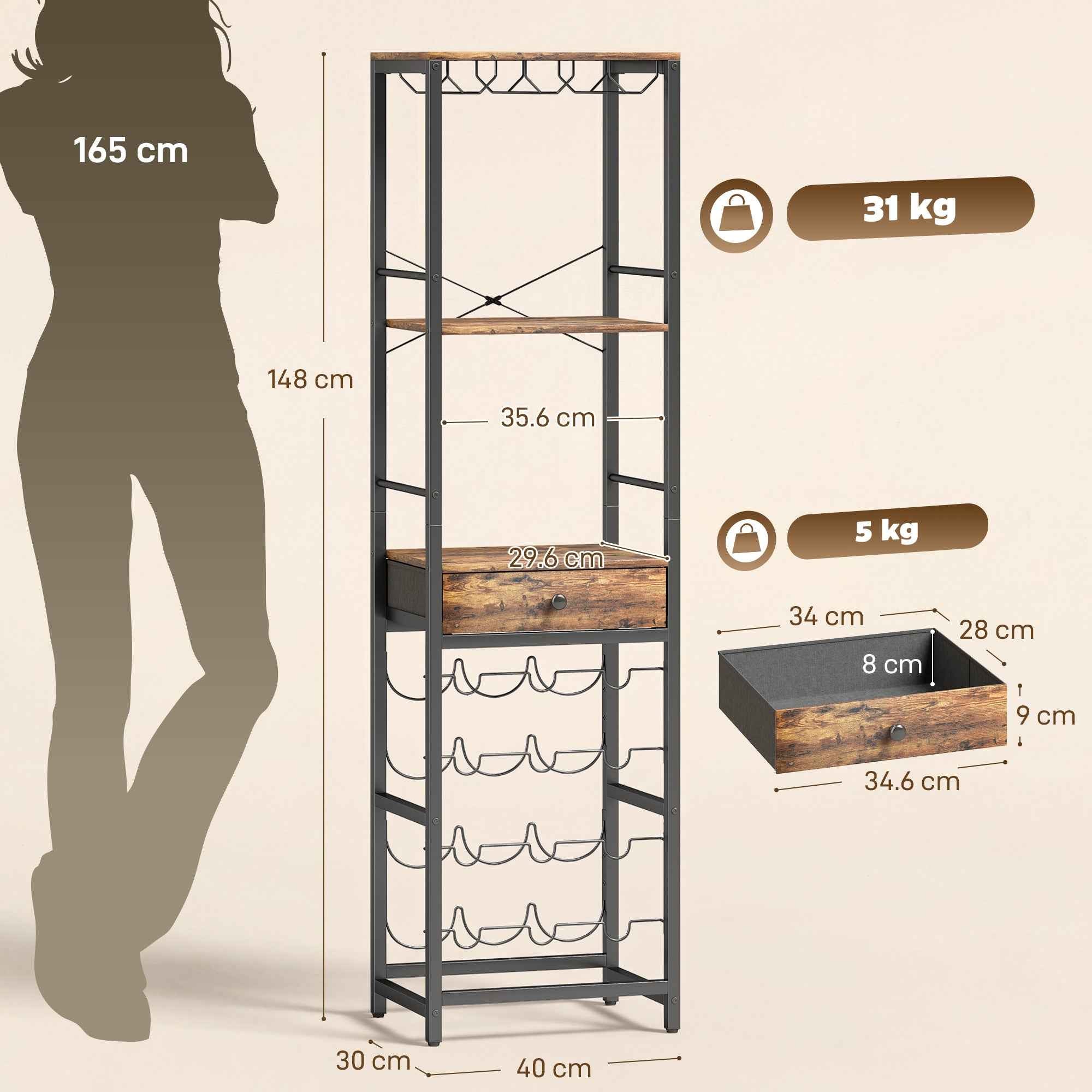 HOMCOM Mobile Bar, Bar Cabinet with Drawer, Cup Holder, Rustic Brown