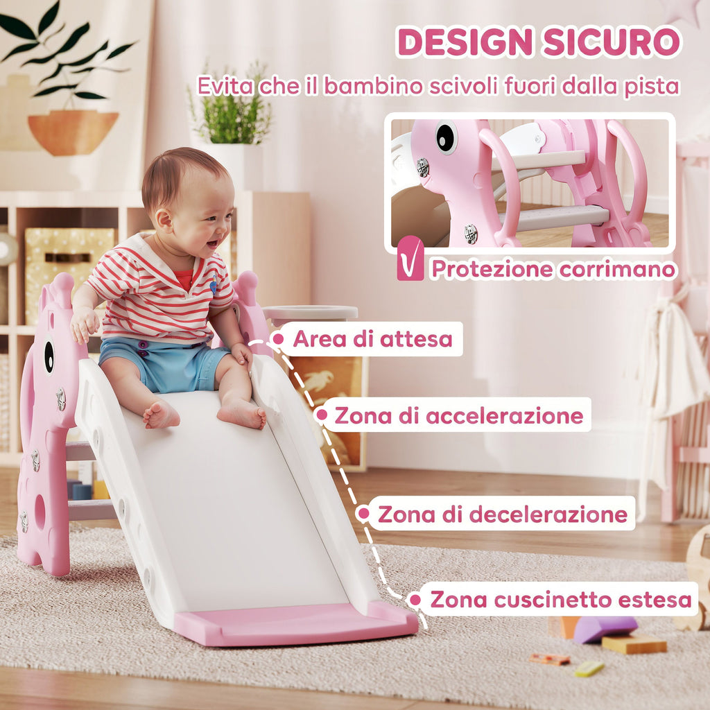 AIYAPLAY Kids Slide with Ladder, Basketball Hoop and Ball, Giraffe Design, for Children 1-3 Years Old, Pink