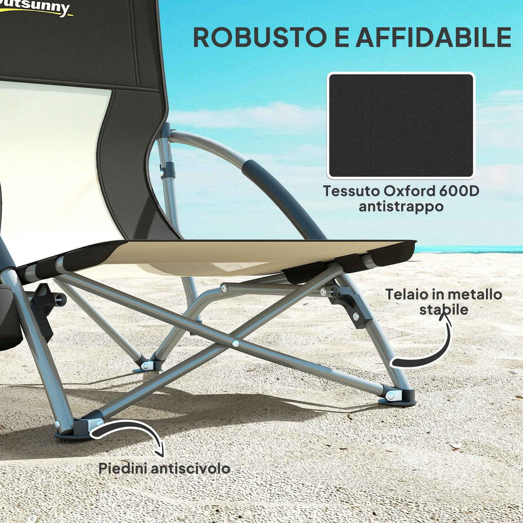 Outsunny Folding Beach Chair with Mesh Backrest and Cup Holder, Metal and Oxford Fabric, 58x55x62 cm, Black