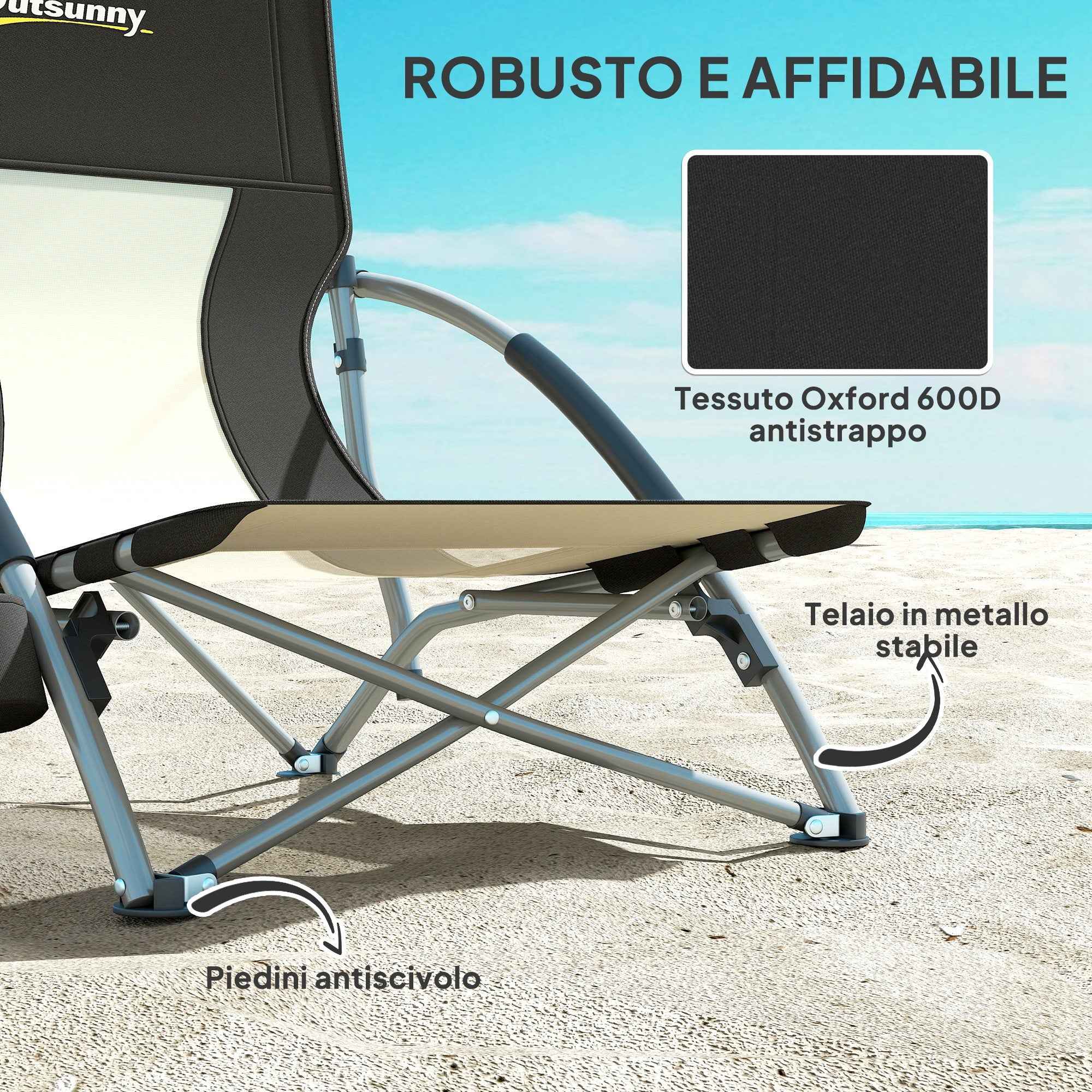 Outsunny Folding Beach Chair with Mesh Backrest and Cup Holder, Metal and Oxford Fabric, 58x55x62 cm, Black