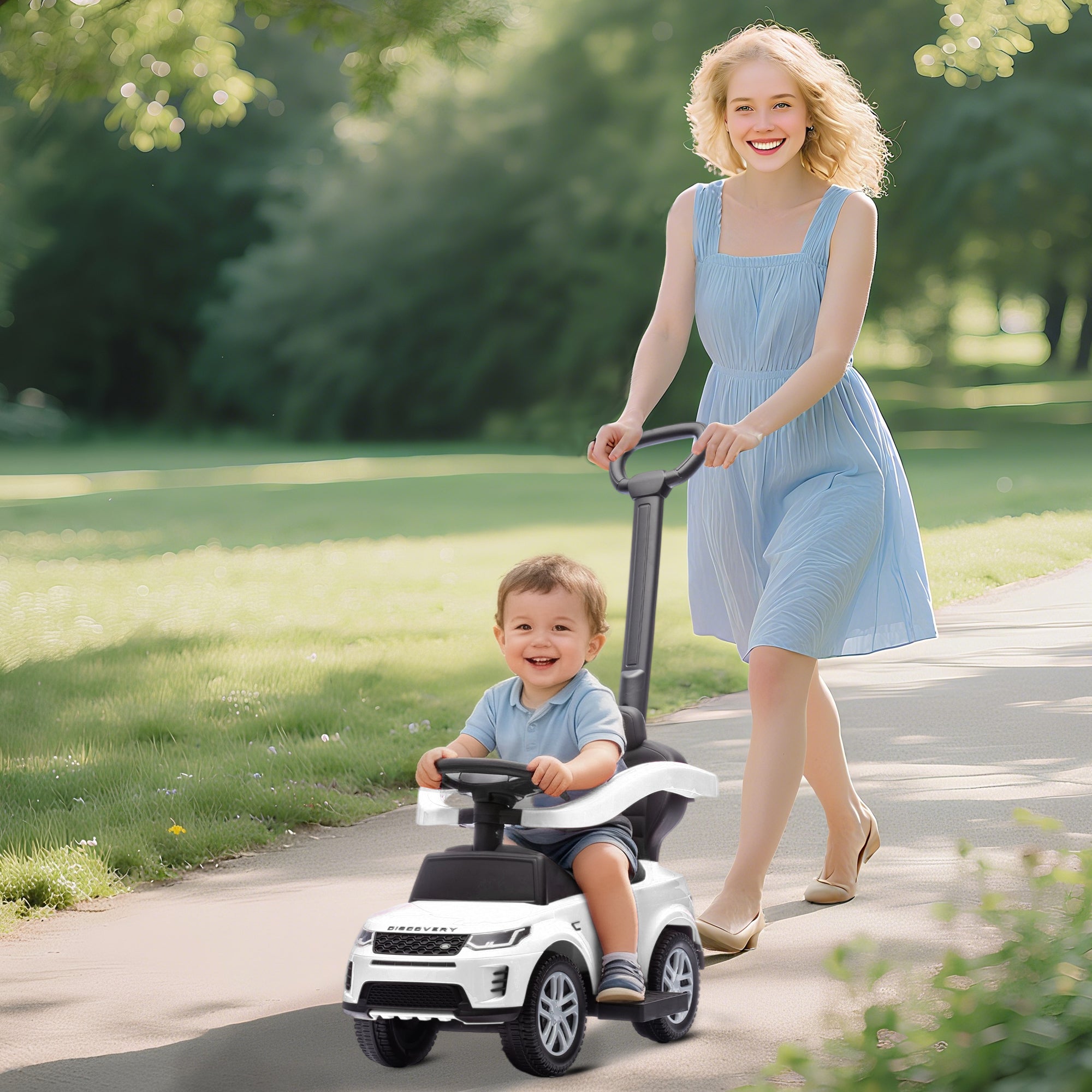 Land Rover Licensed Ride-On Car with Handle and Barrier, in PP and Steel, 84x40x94.5 cm, White