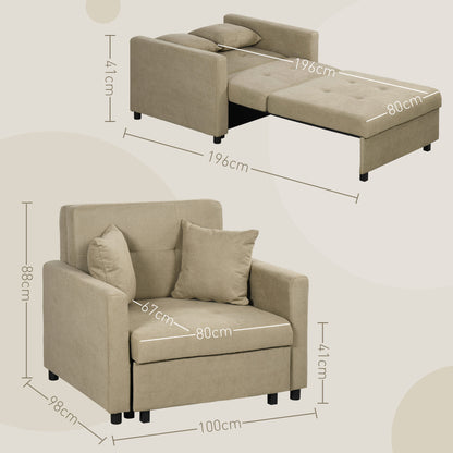 Armchair Bed in Light Brown Velvet Effect Fabric with 2 Cushions and Storage Space, 100x98x88 cm