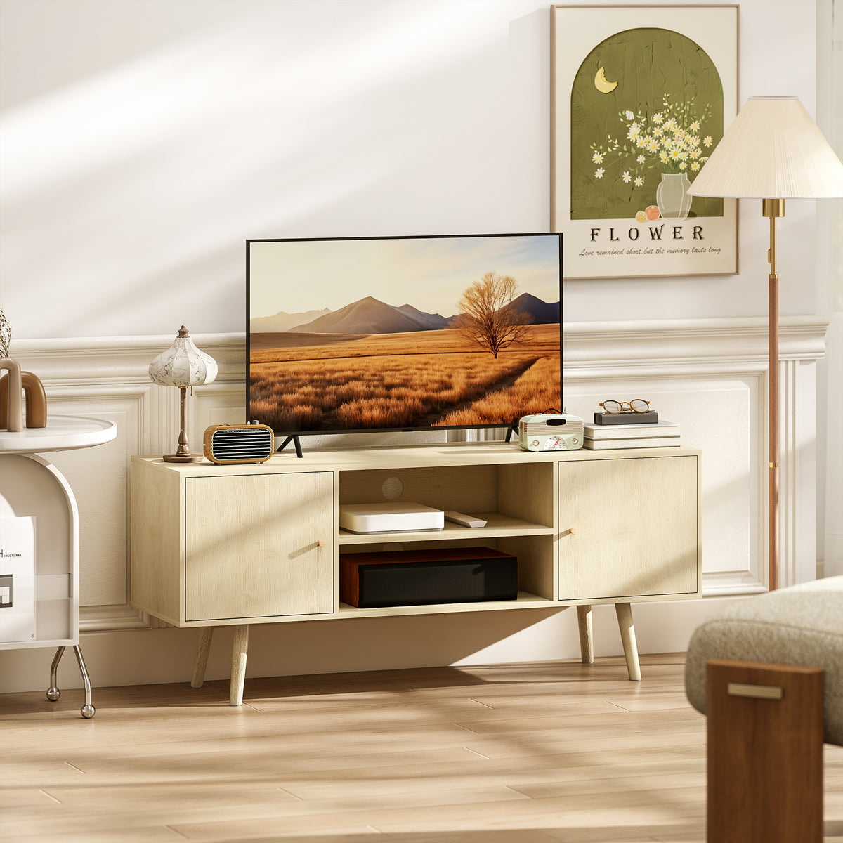 HOMCOM 55" Max TV Stand with 2 Cabinets and 2 Open Shelves, in Wood and Chipboard, 120x34x50 cm, Wood Color