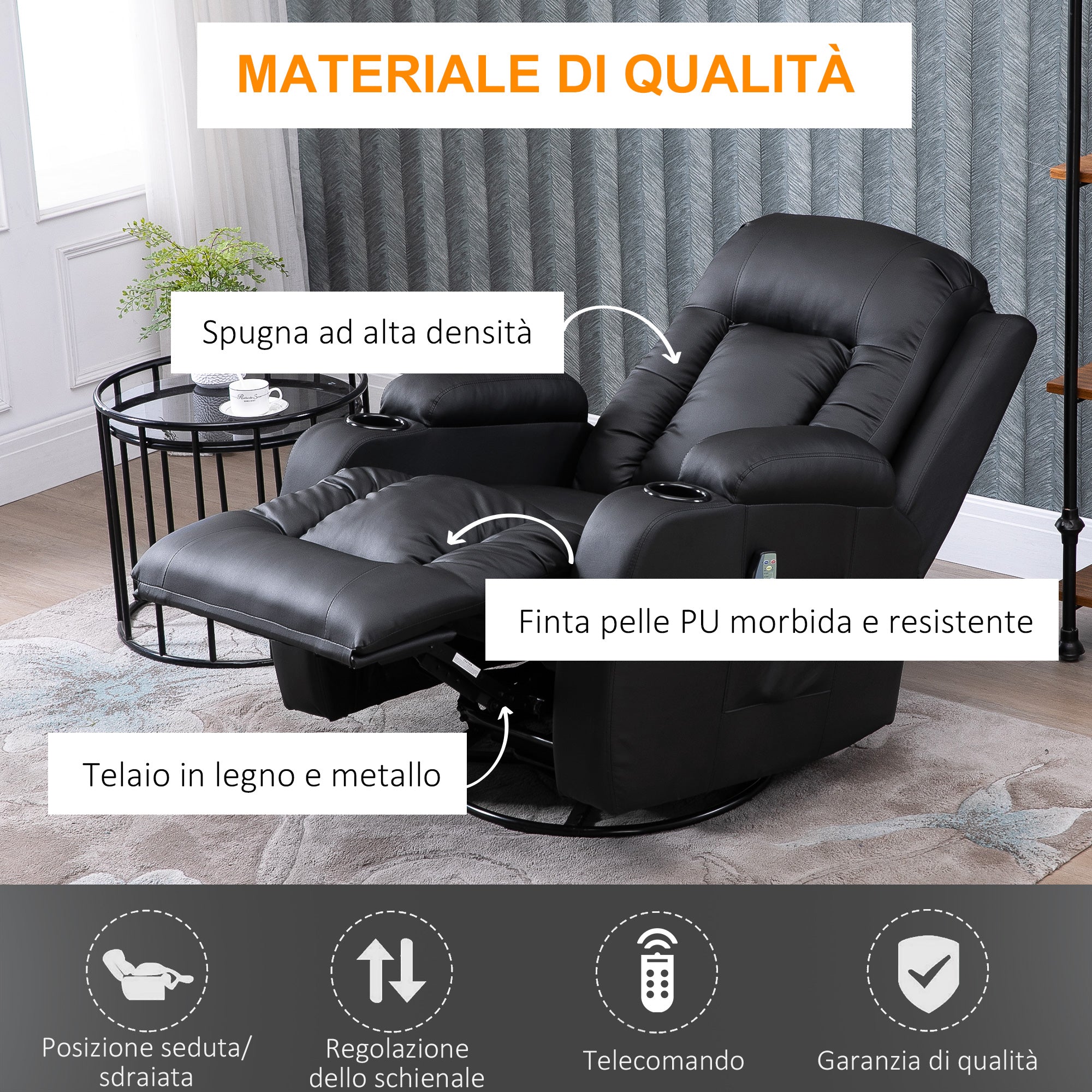 Homcom Relaxable relaxation armchair up to 150 ° in fake skin with 8 massage and heating points, black - Borgè
