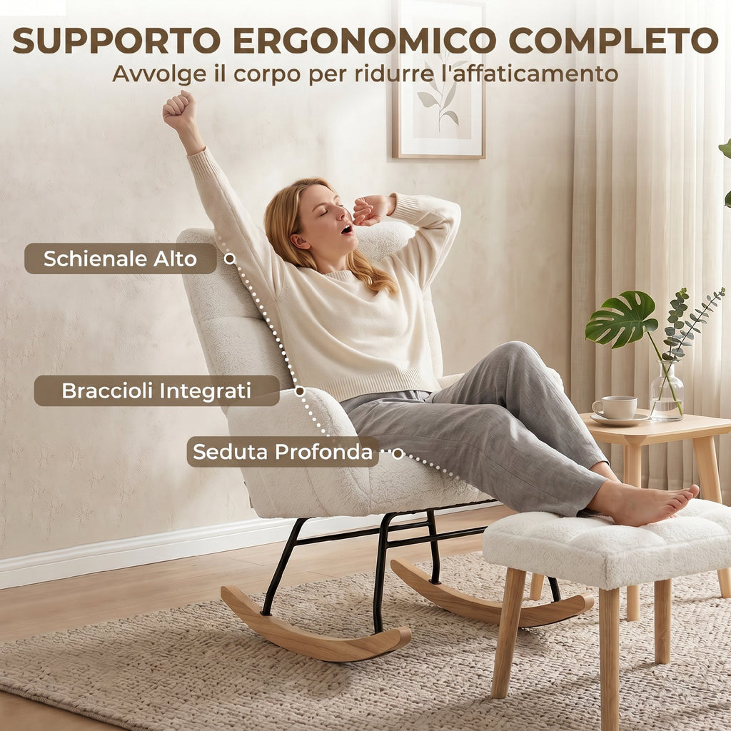 HOMCOM Sherpa Rocking Chair with Footrest, Side Pockets, Thick Seat and Quilted Design, Cream