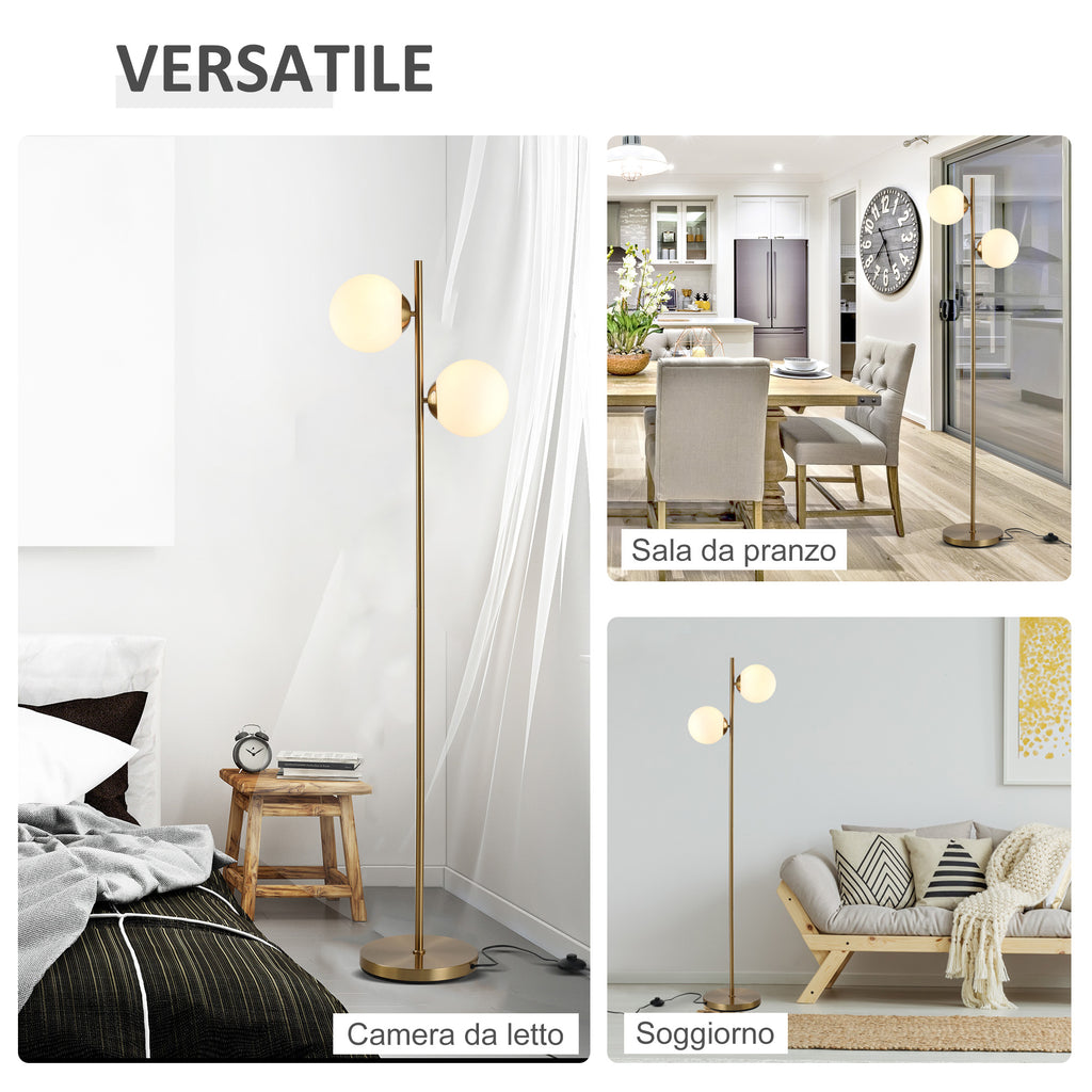 Floor Lamp with 2 Lights and Sphere Lampshades, Foot Switch and E27 Socket, Ø28x165 cm, Gold