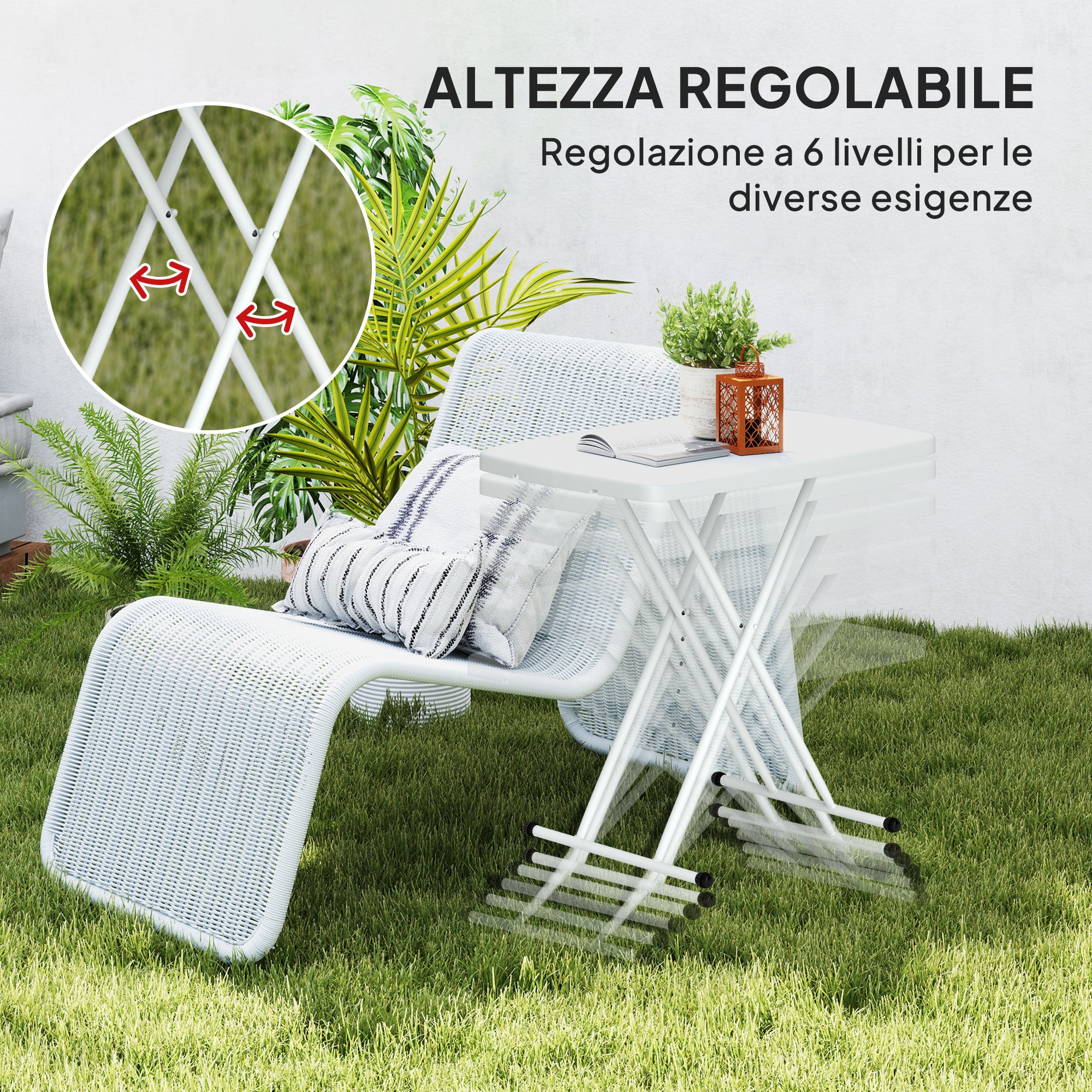 Folding Garden Coffee Table with Adjustable Height, Metal and HDPE, White