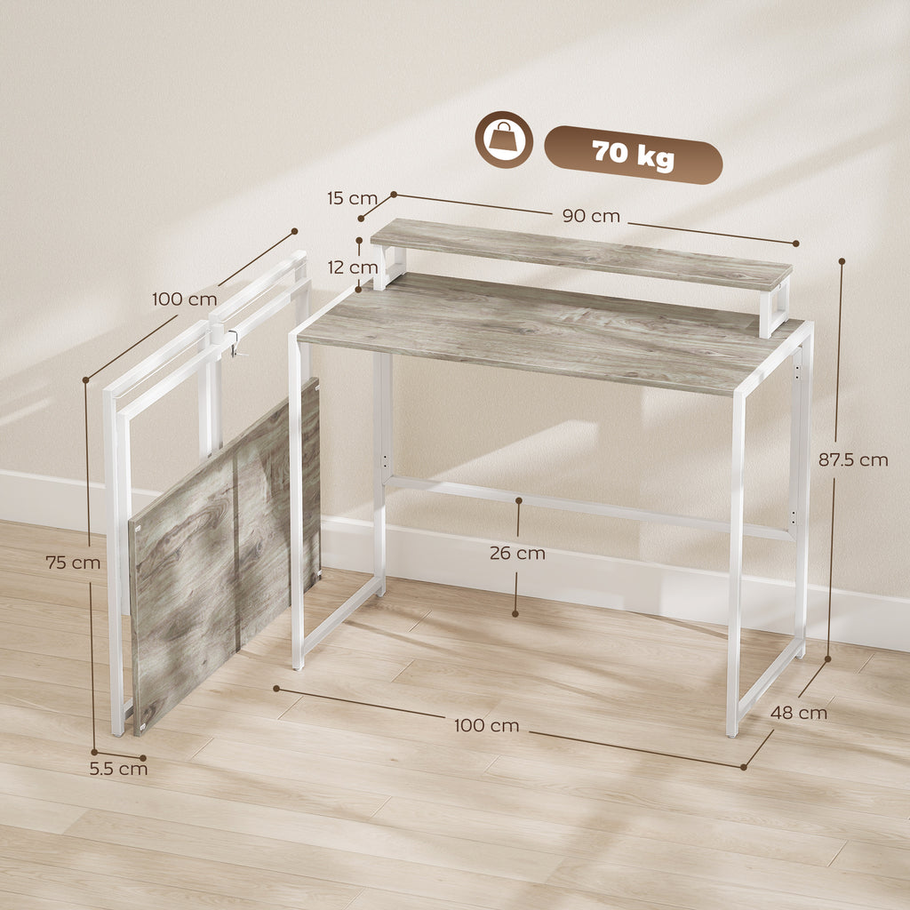HOMCOM Space-Saving Folding Desk with Removable Monitor Stand, 100x48x87.5 cm, Wood