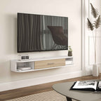 Wall Mounted Wooden TV Cabinet with 2 Open Shelves and Cabinet, 120x26x16 cm, White and Oak