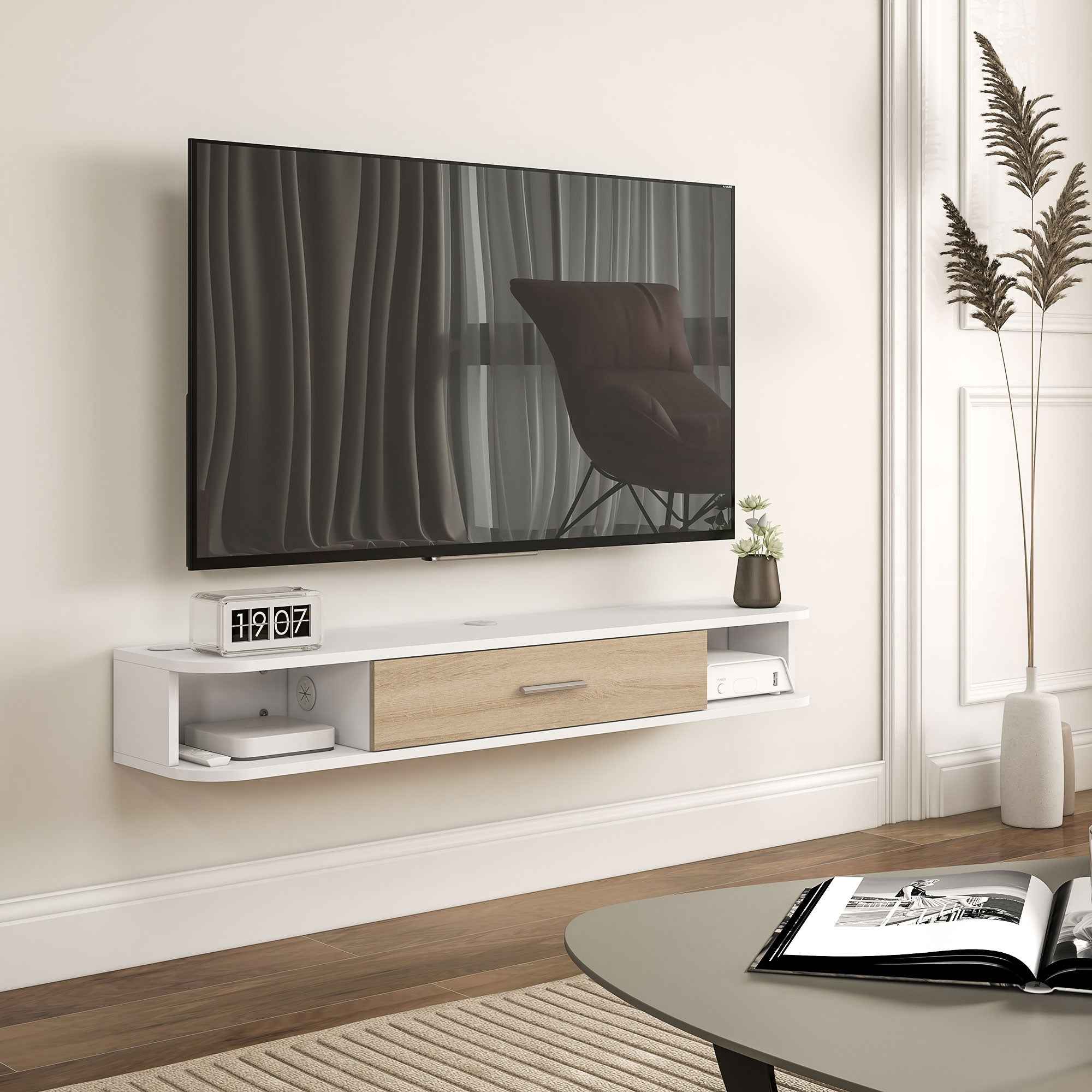 Wall Mounted Wooden TV Cabinet with 2 Open Shelves and Cabinet, 120x26x16 cm, White and Oak