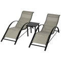 Outsunny Set of 2 Sun Loungers and Coffee Table with Glass Top, 59x169x66 cm, Grey