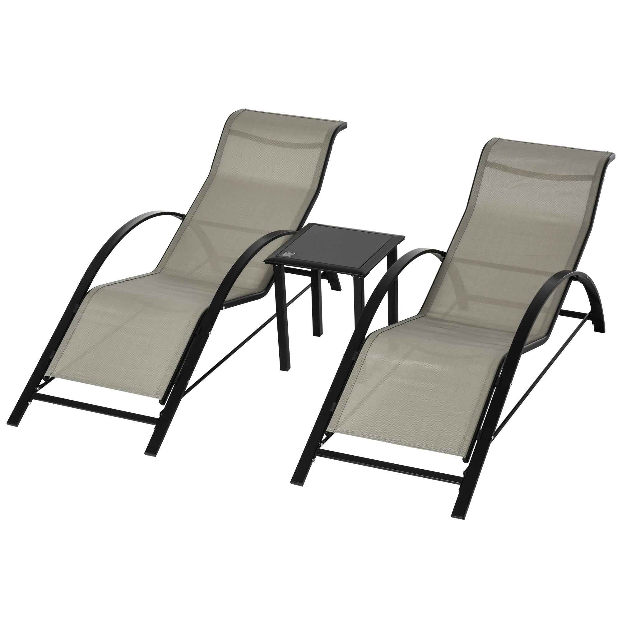 Outsunny Set of 2 Sun Loungers and Coffee Table with Glass Top, 59x169x66 cm, Grey