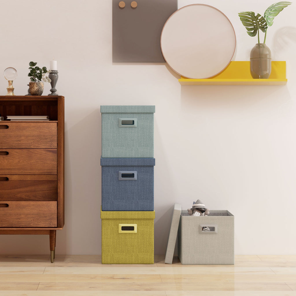 Set of 4 Fabric Closet Storage Boxes with Lids and Foldable 30x30x29cm, Blue, Cream, Green and Light Grey