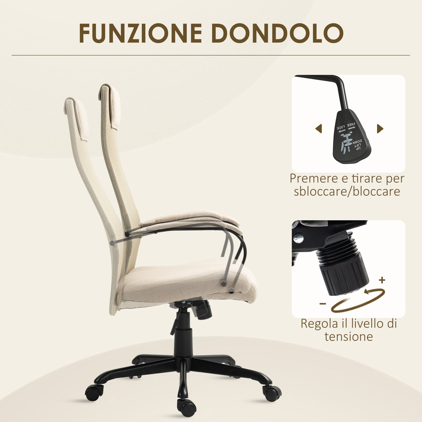 Ergonomic Swivel Office Chair with Reclining, Adjustable Height and Wheels, 58x61x115-125cm, Beige