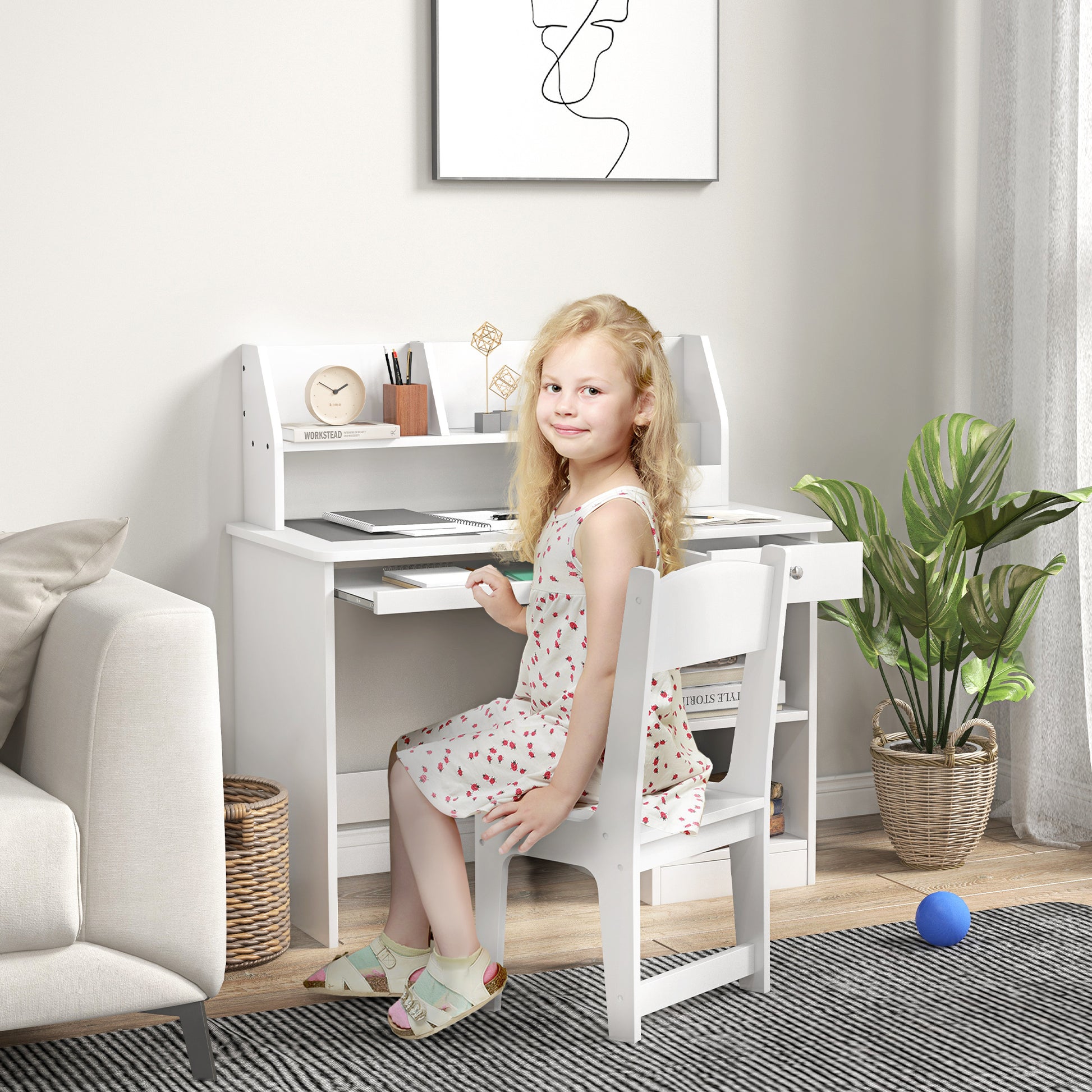 Zonekiz school desk and 5-8 year old children's chair with shelf and removable shelf in white wood - Borgè