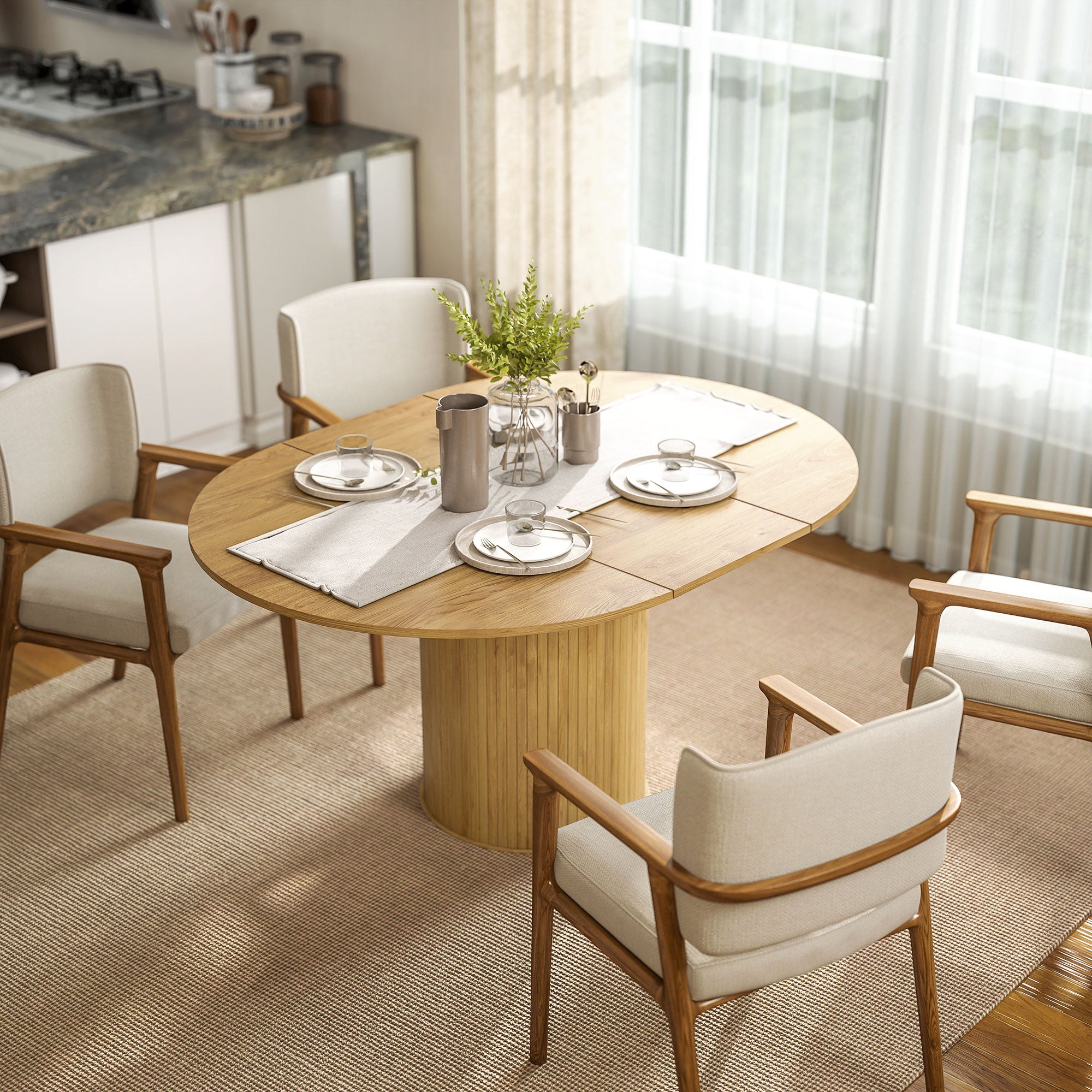 Expandable Round to Oval Pedestal Table for 6-8 People, Wood and Steel, Wood Color