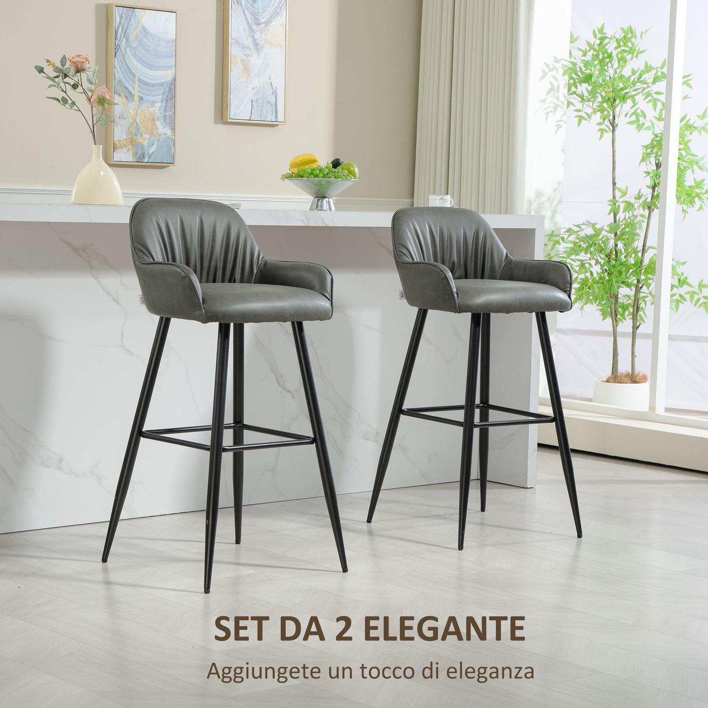 Set of 2 Modern Bar Stools with Footrest and Backrest, Faux Leather PU and Steel, Gray