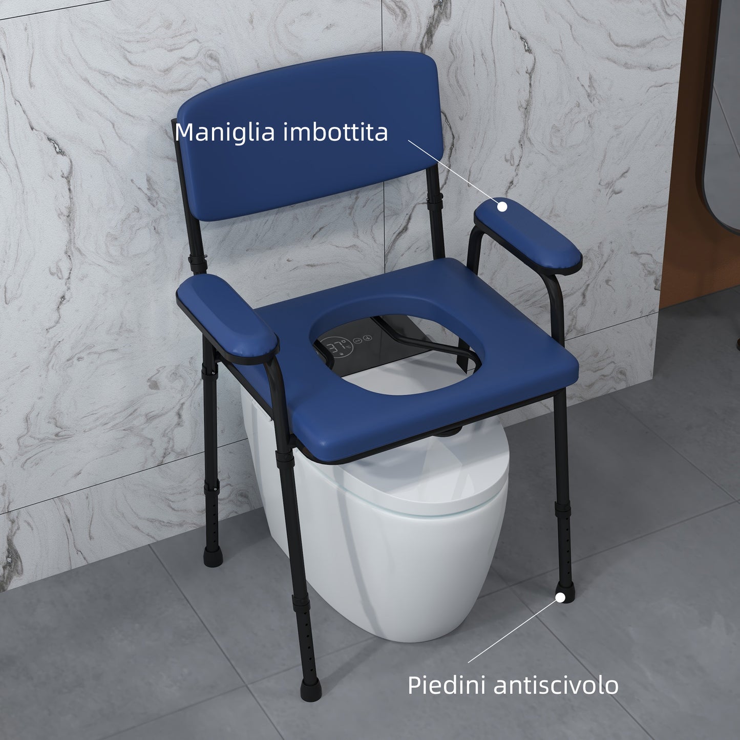 5 in 1 Comfortable Chair for the Elderly and Disabled for WC and Shower, Adjustable Height and Removable Bucket, Blue