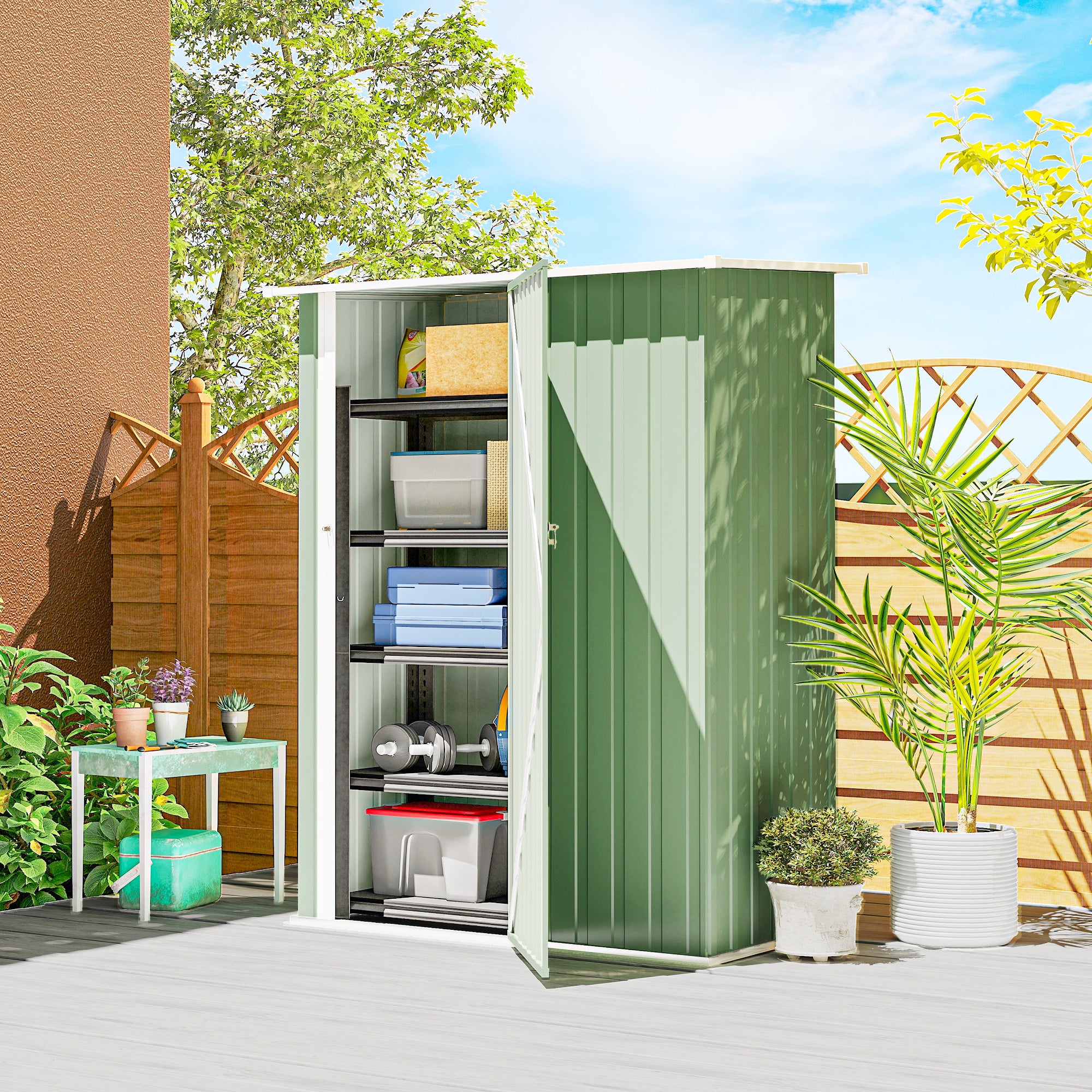 Outsunny Metal Tool Shed with Sloped Roof and Lockable Door, 142x86x189 cm, Light Green