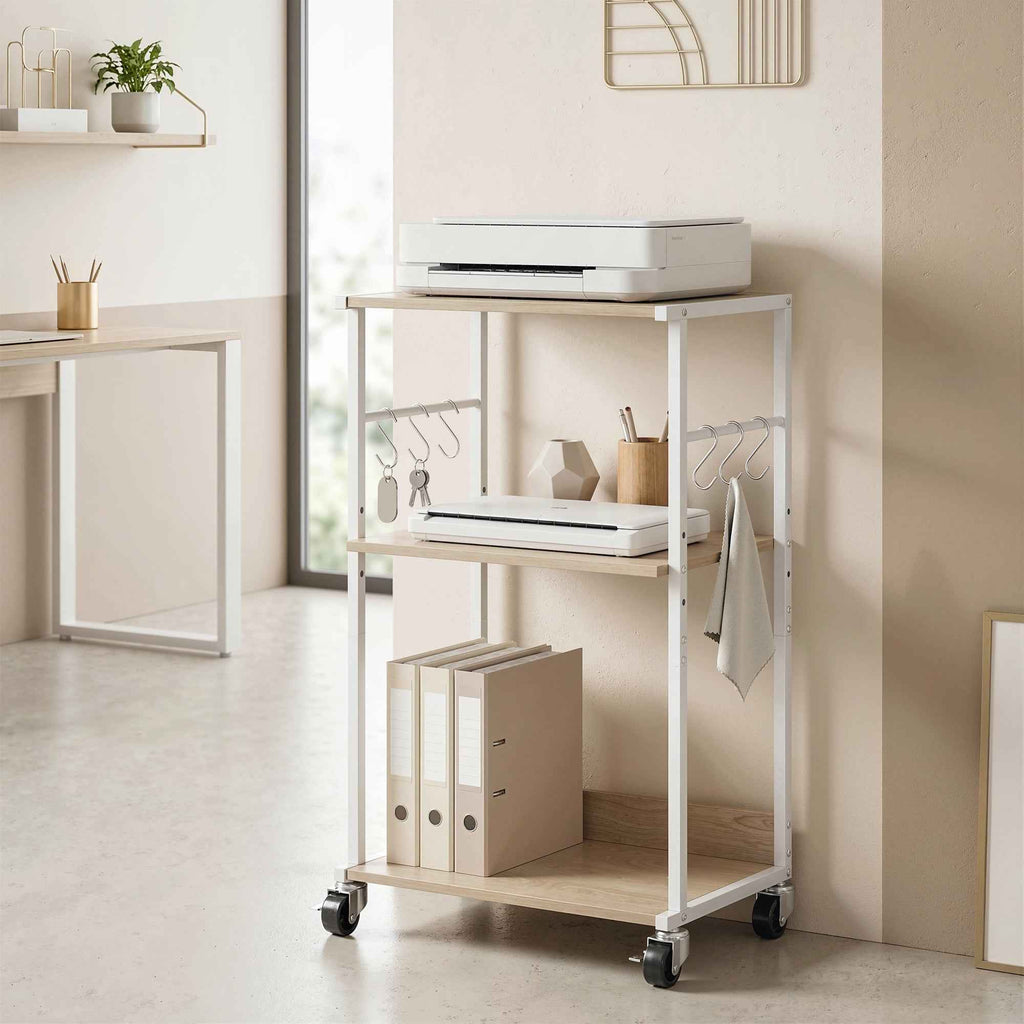 HOMCOM 3-Tier Printer Stand with Wheels and Hooks, Natural
