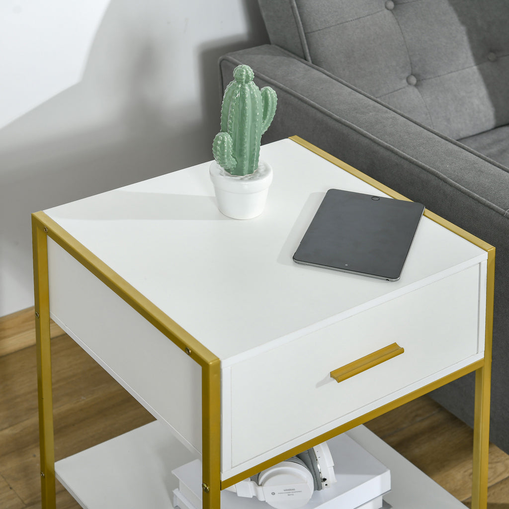 HOMCOM Set of 2 Modern Bedside Tables with Drawer and Open Shelf in MDF and Steel, 45x40x60cm, White and Gold - Borgè
