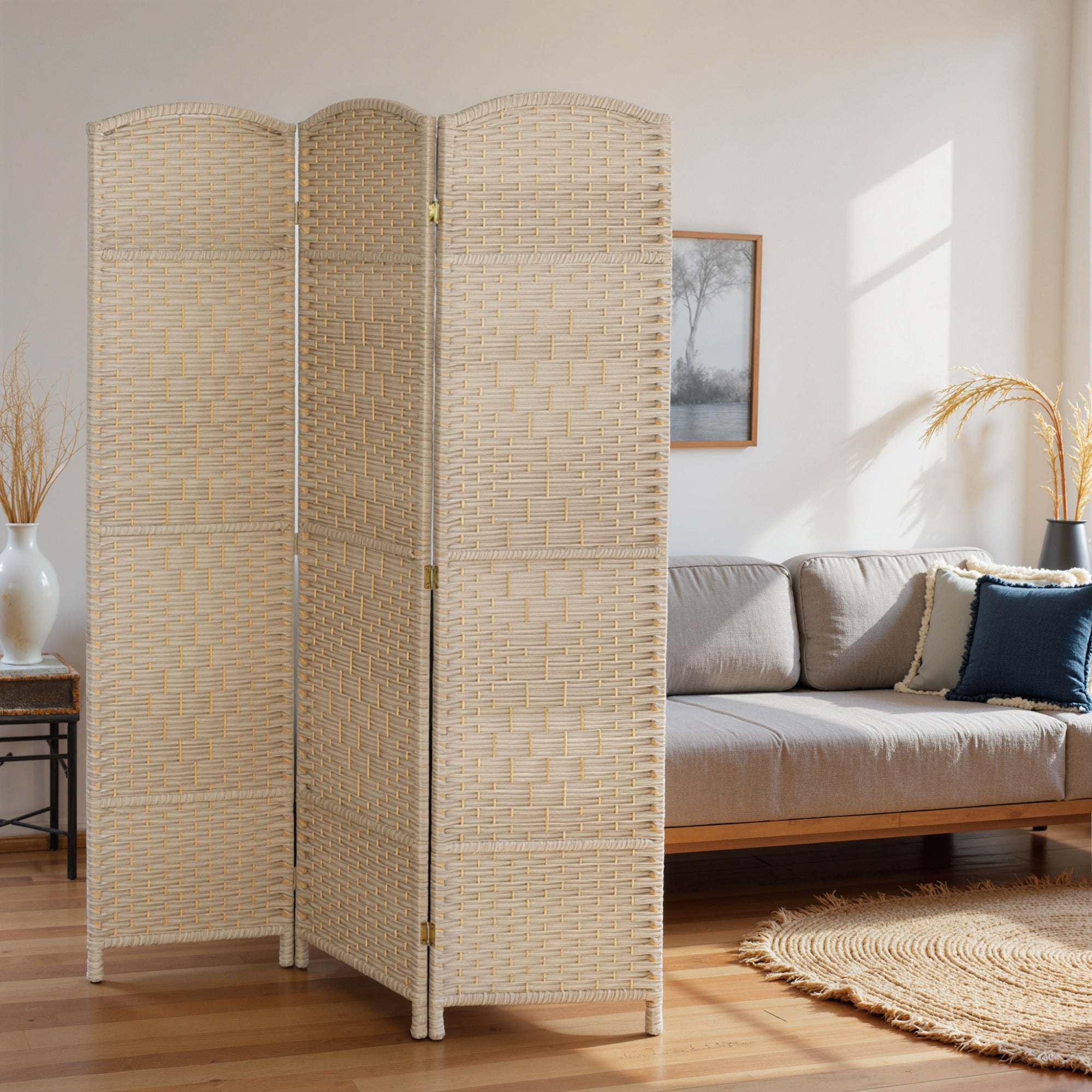 HOMCOM 3-Panel Folding Room Divider, 135x180cm, Woven PP and Pine Wood Screen, Oak